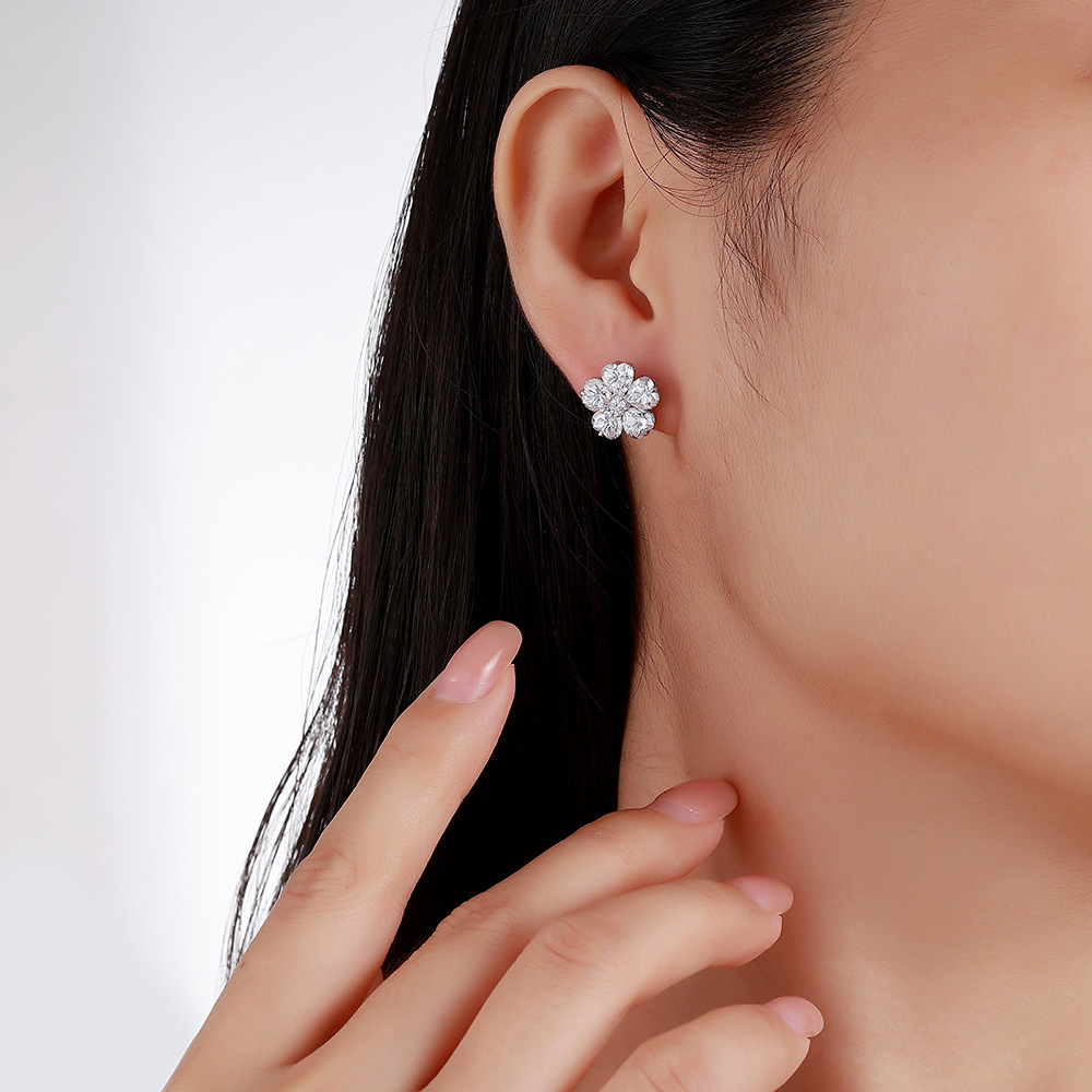 Moissanite Heart-Petal Flower Cluster Stud Earrings | Floral Halo Studs - Image 6