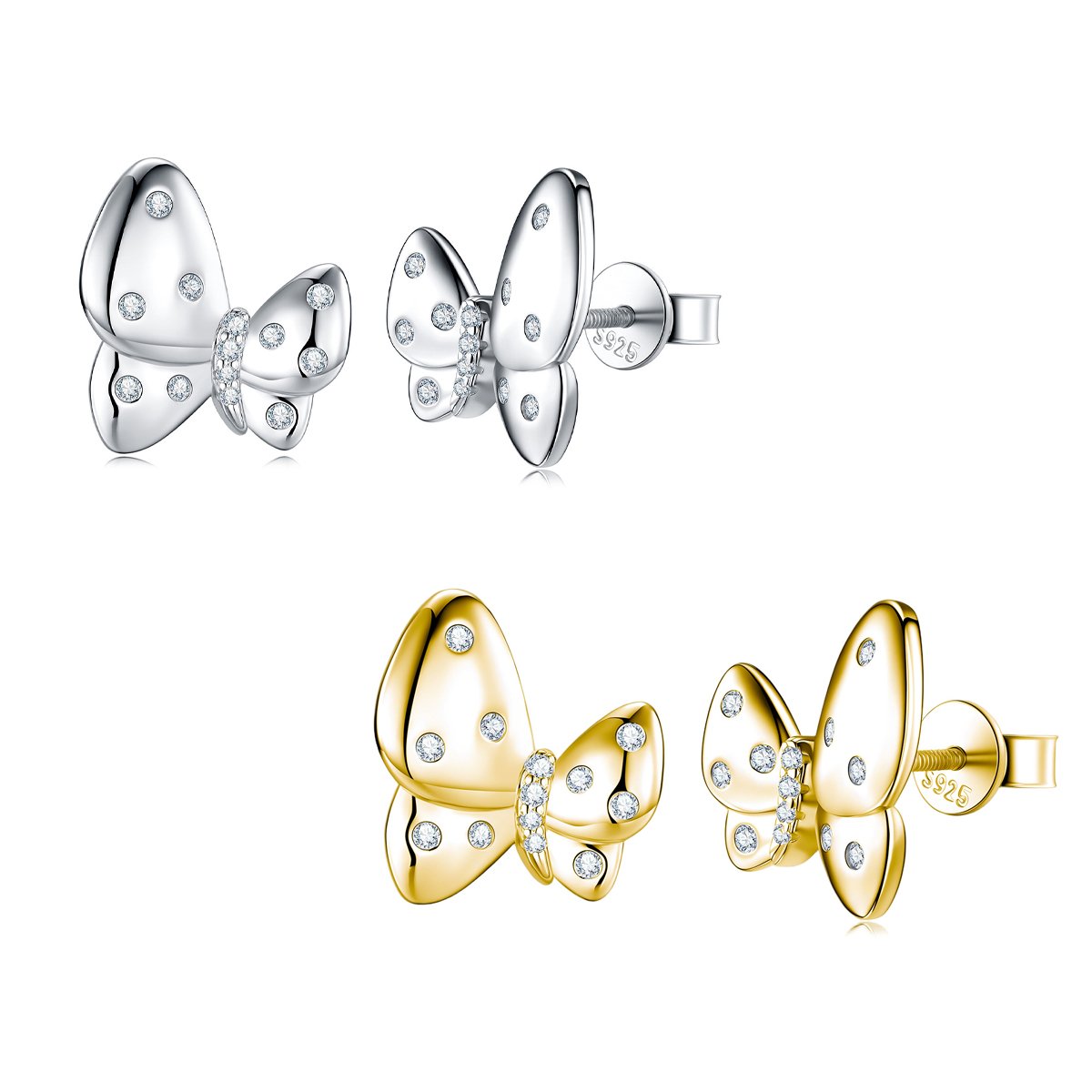 Polished Butterfly Scattered Moissanite Stud Earrings | 925 Silver