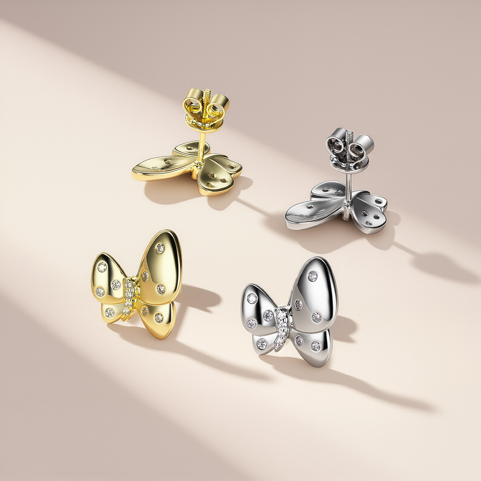 Polished Butterfly Scattered Moissanite Stud Earrings | 925 Silver - Image 3