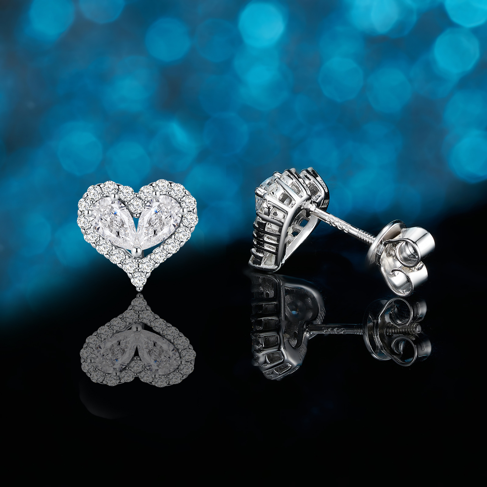 Moissanite Twin-Pear Heart Halo Stud Earrings - Image 4