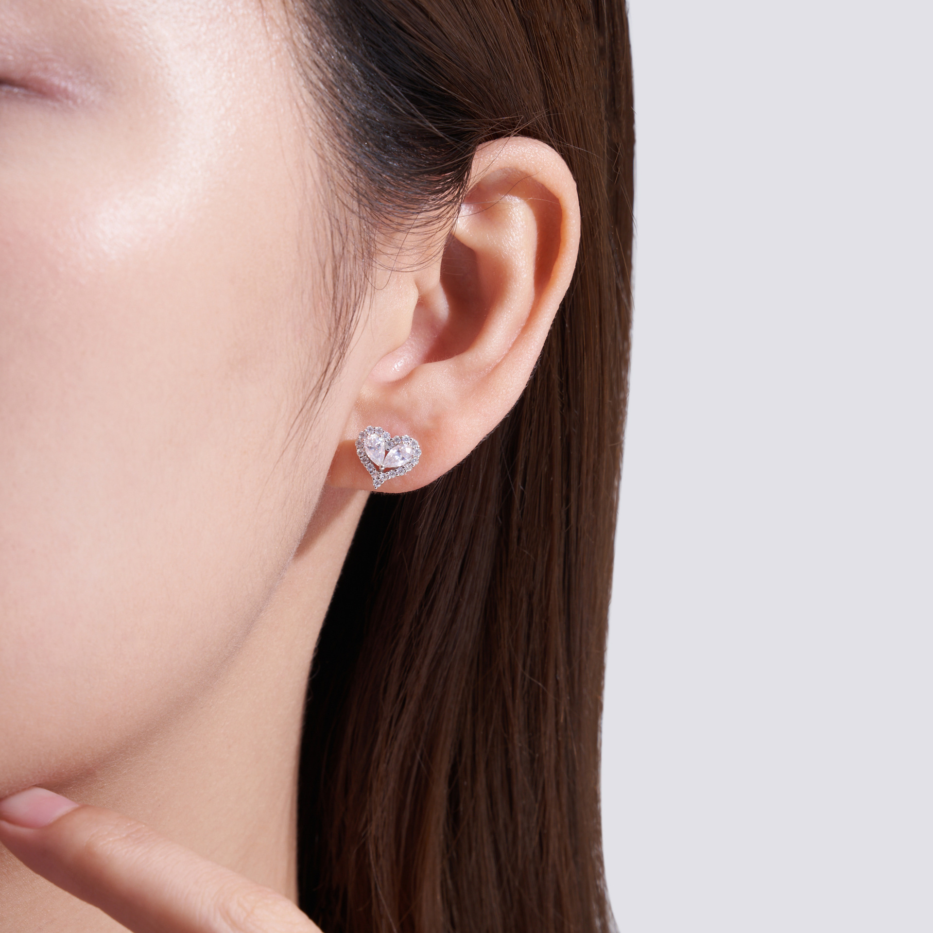 Moissanite Twin-Pear Heart Halo Stud Earrings - Image 6