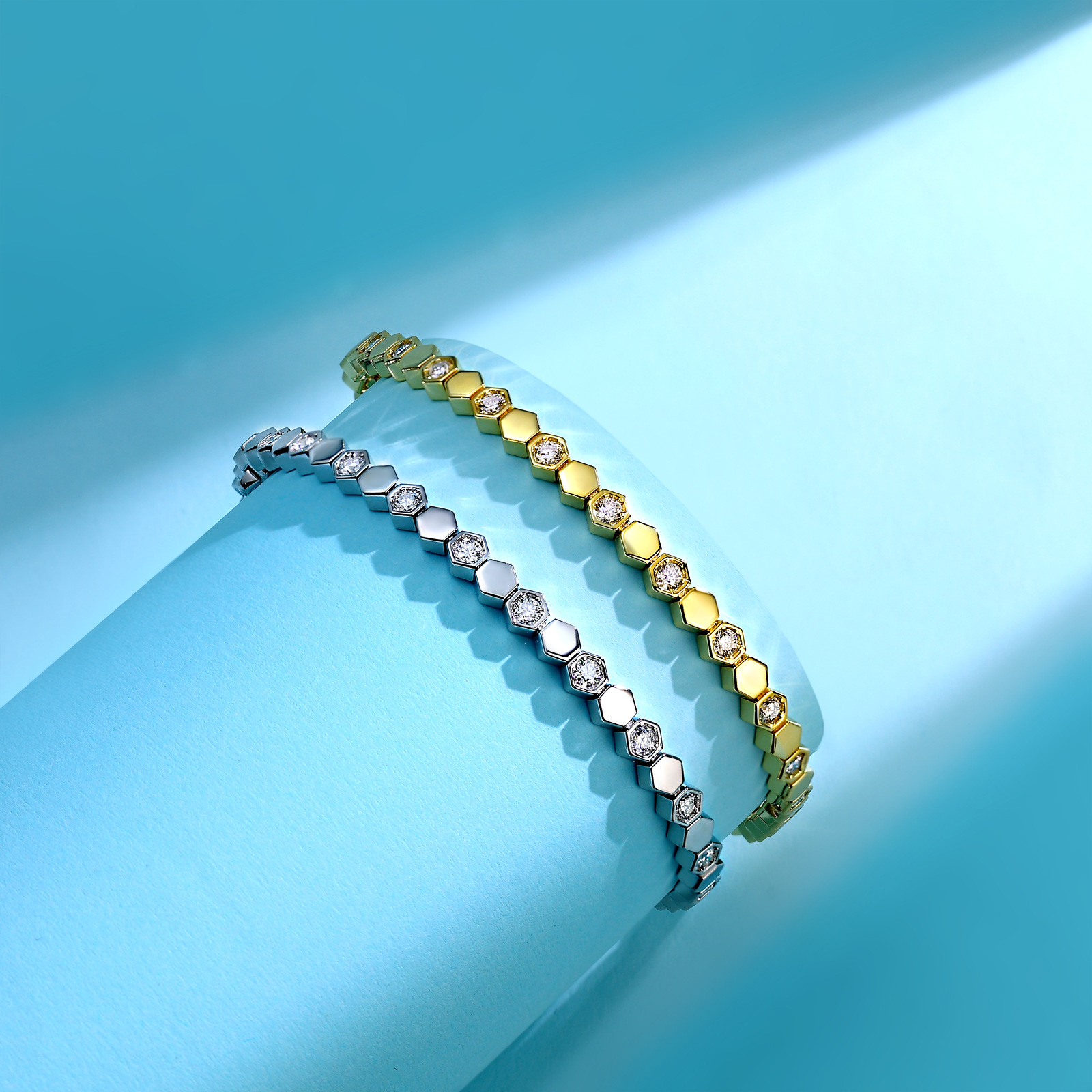 Honeycomb Hexagon Link Moissanite Bracelet | 925 Silver, Gold-Plated - Image 4