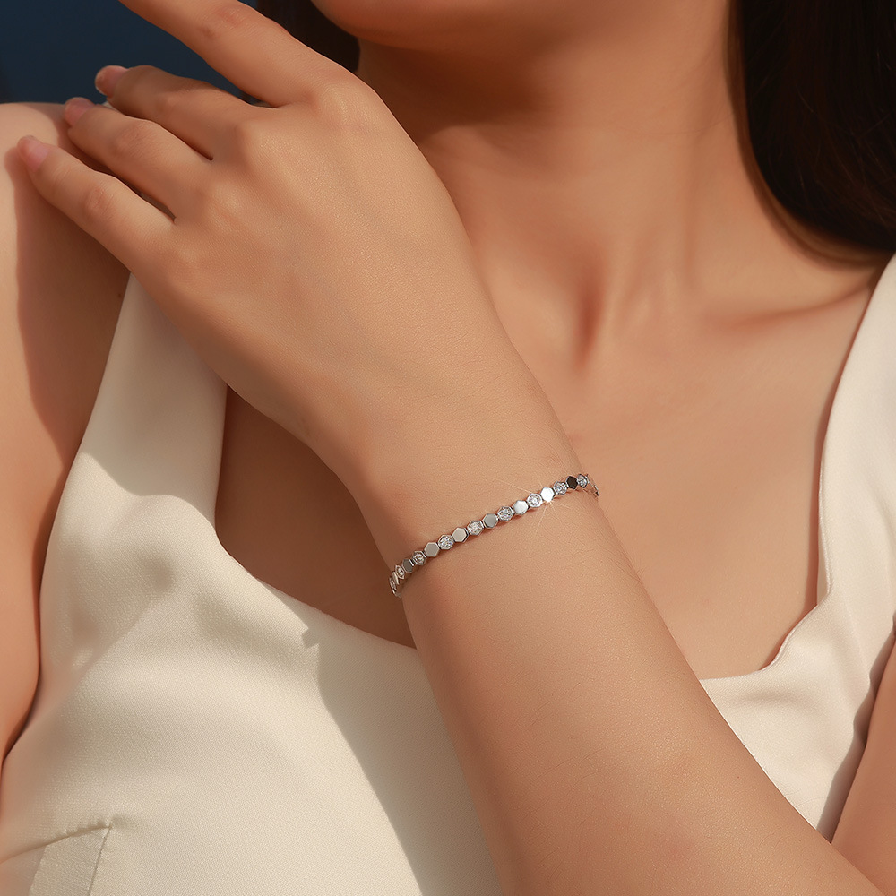Honeycomb Hexagon Link Moissanite Bracelet | 925 Silver, Gold-Plated - Image 5
