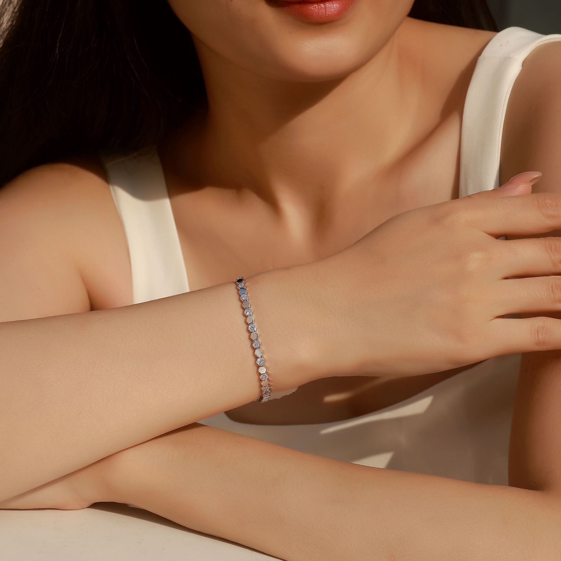 Honeycomb Hexagon Link Moissanite Bracelet | 925 Silver, Gold-Plated - Image 6