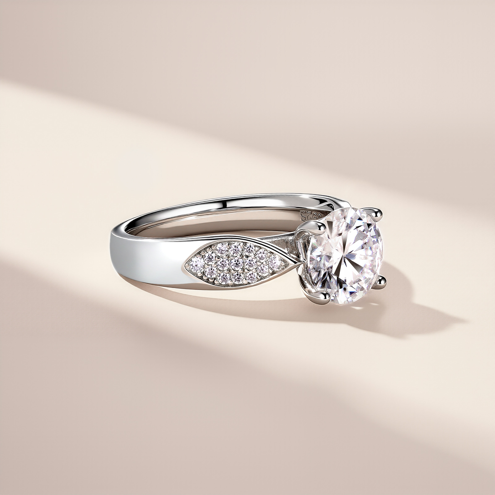 2.2ct Round Moissanite Solitaire Ring with Pavé Marquise Shoulders - Image 4