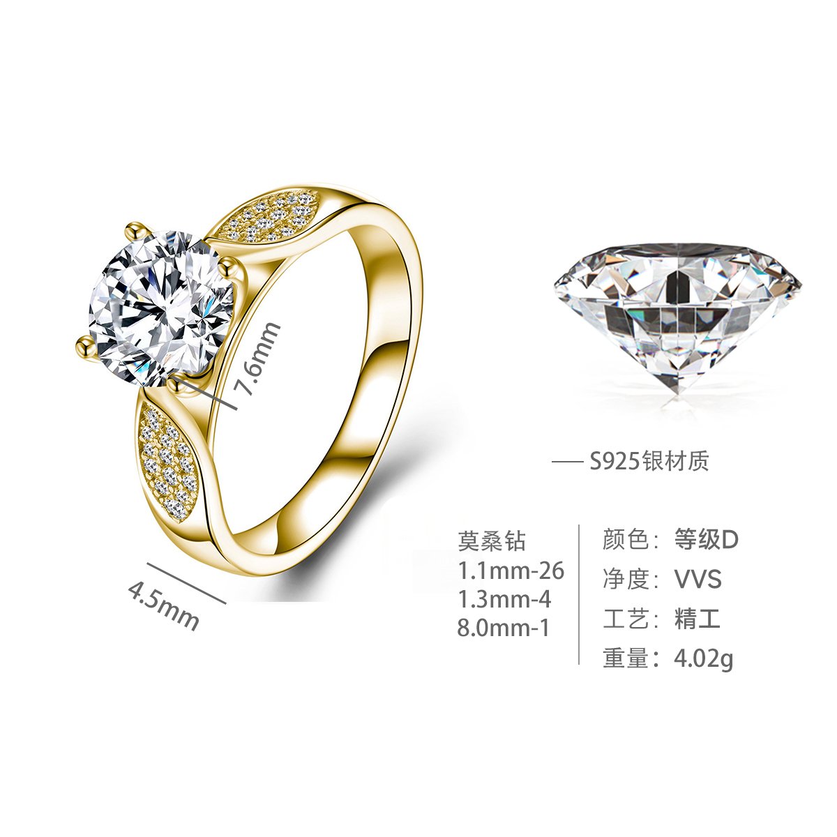 2.2ct Round Moissanite Solitaire Ring with Pavé Marquise Shoulders - Image 8