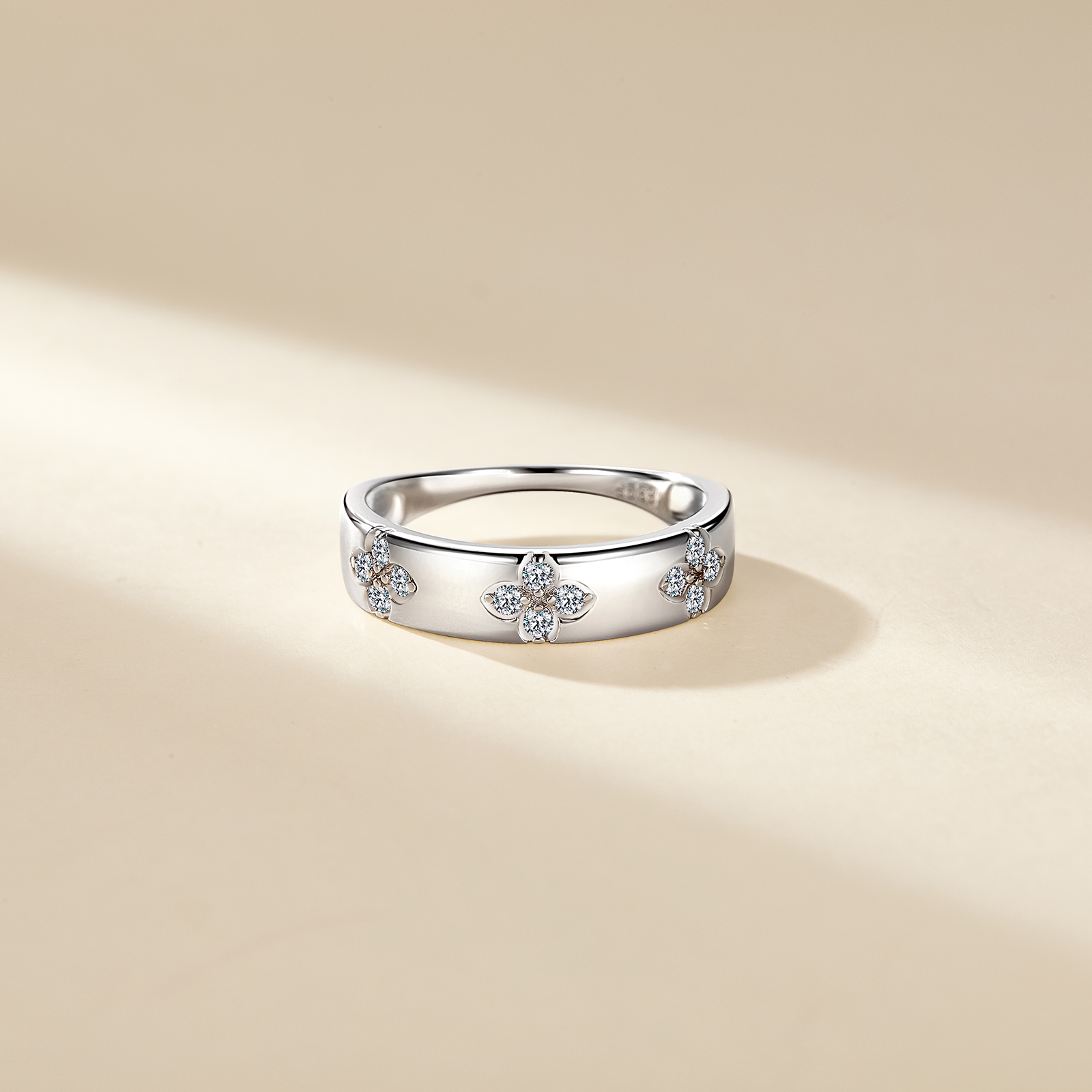 Moissanite Four-Leaf Clover Pave Band Ring | Sterling Silver Stacking Band - Image 2