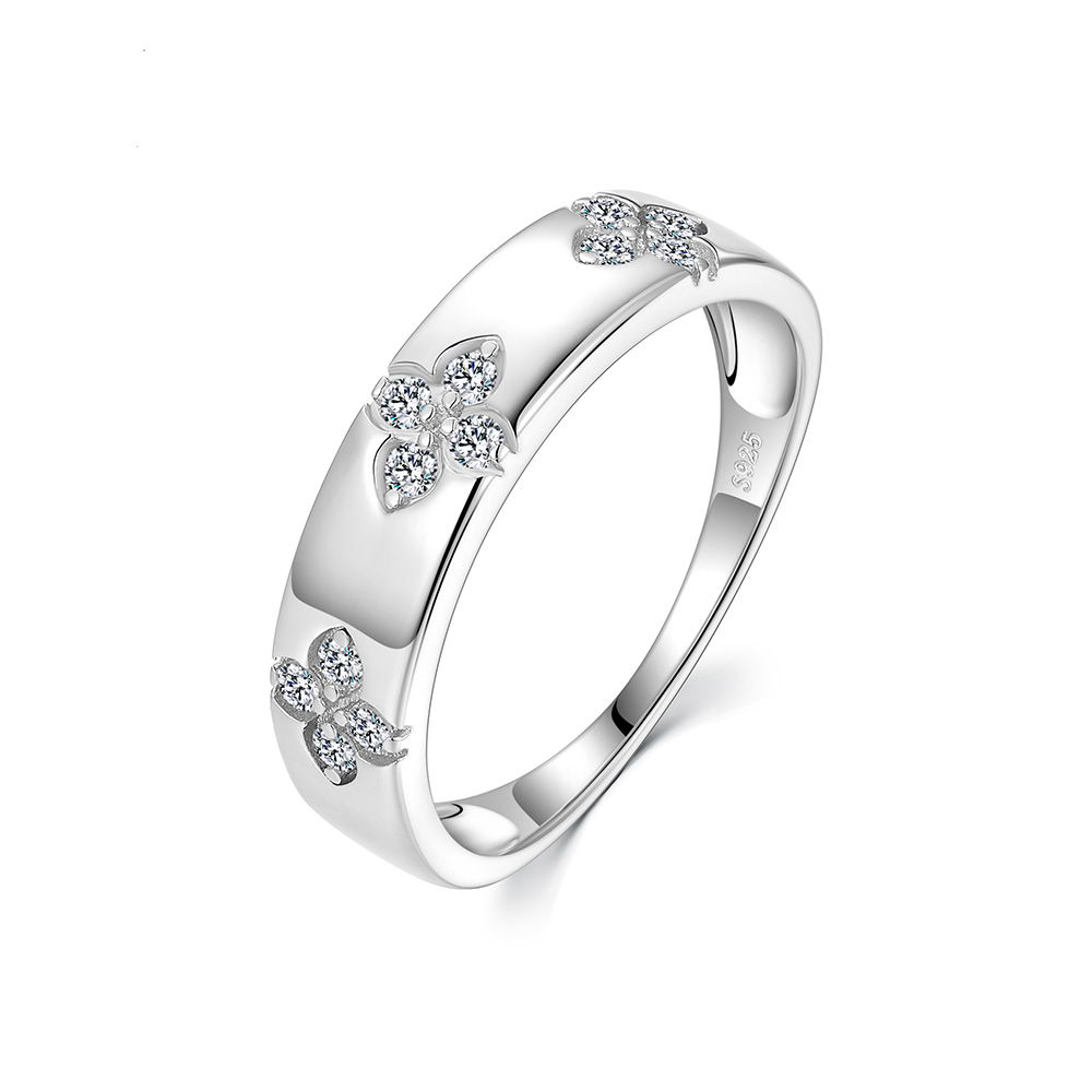 Moissanite Four-Leaf Clover Pave Band Ring | Sterling Silver Stacking Band - Image 5