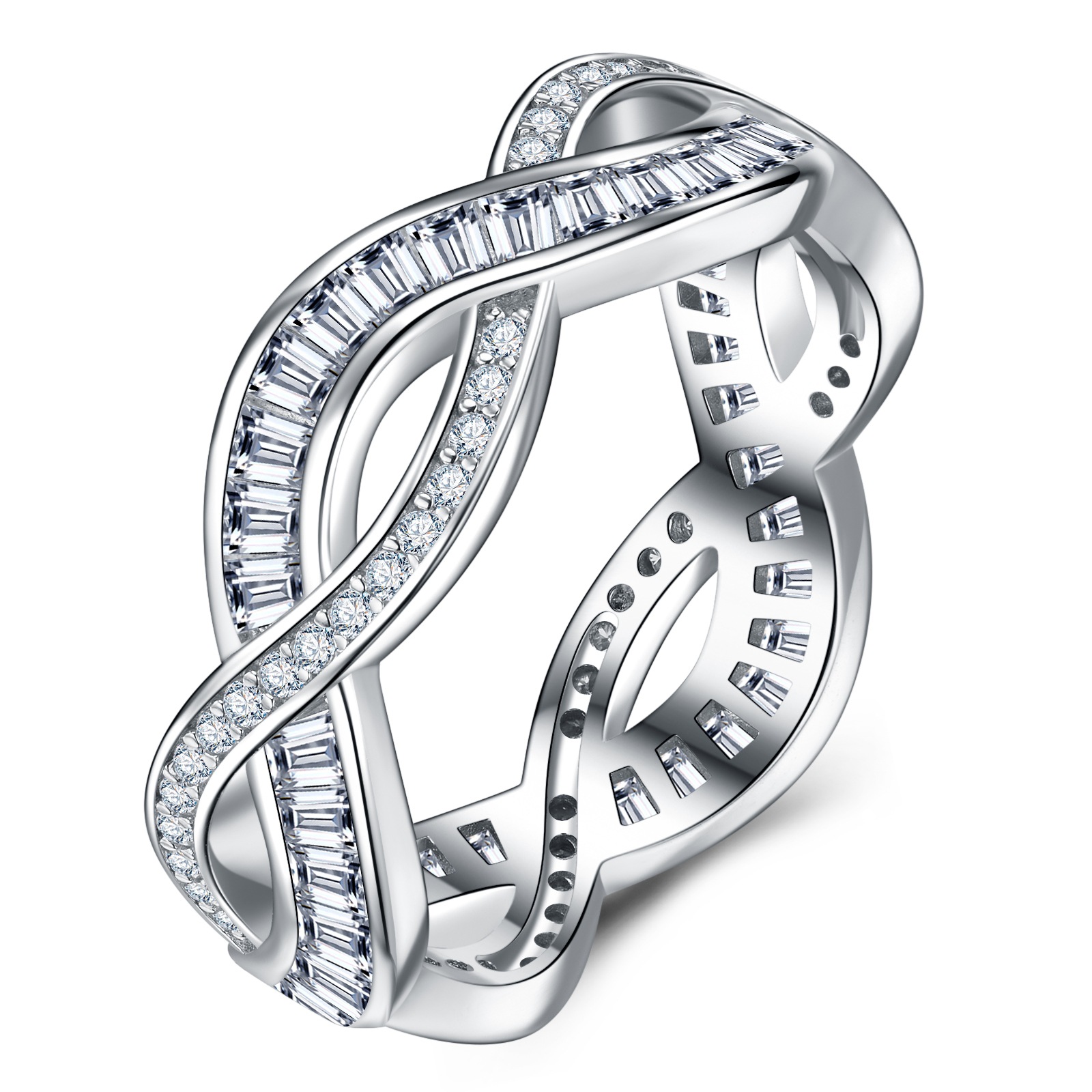 Moissanite Infinity Weave Eternity Ring | Baguette & Round Braided Band