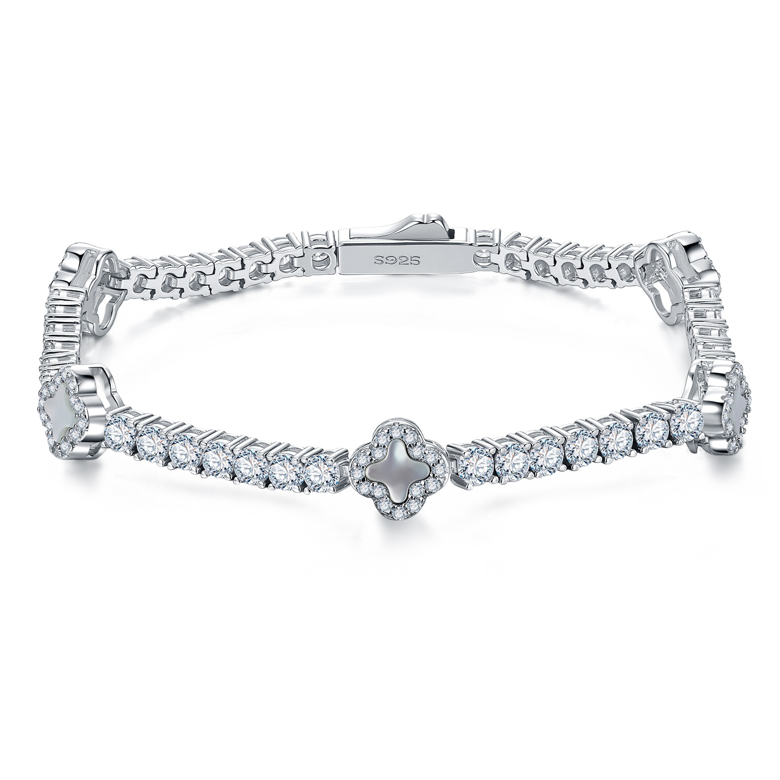 Clover Mother-of-Pearl Moissanite Tennis Bracelet | 4.1ct DEW Round | 925 Silver