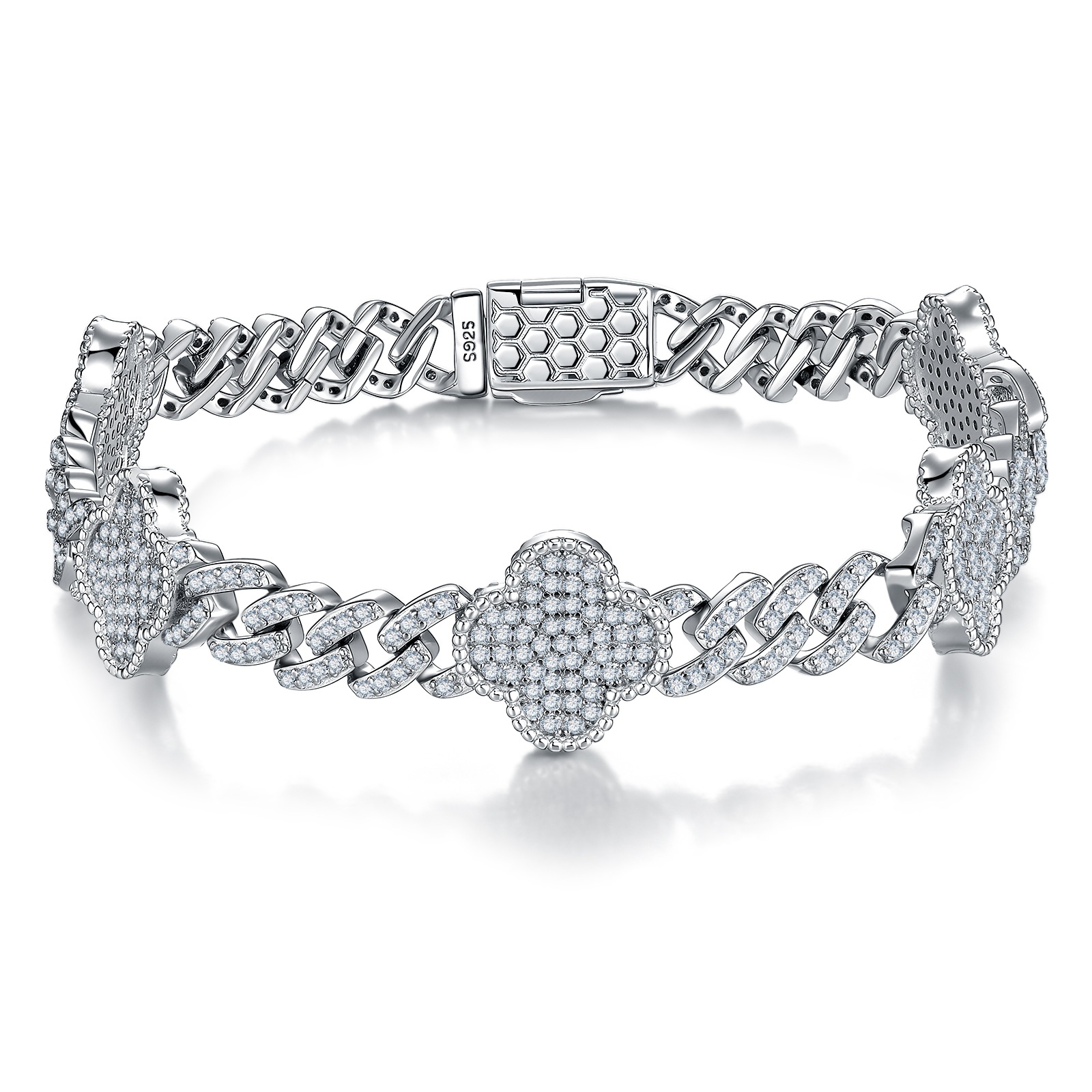Pave Clover Cuban Link Moissanite Bracelet | 925 Silver Iced Curb Chain