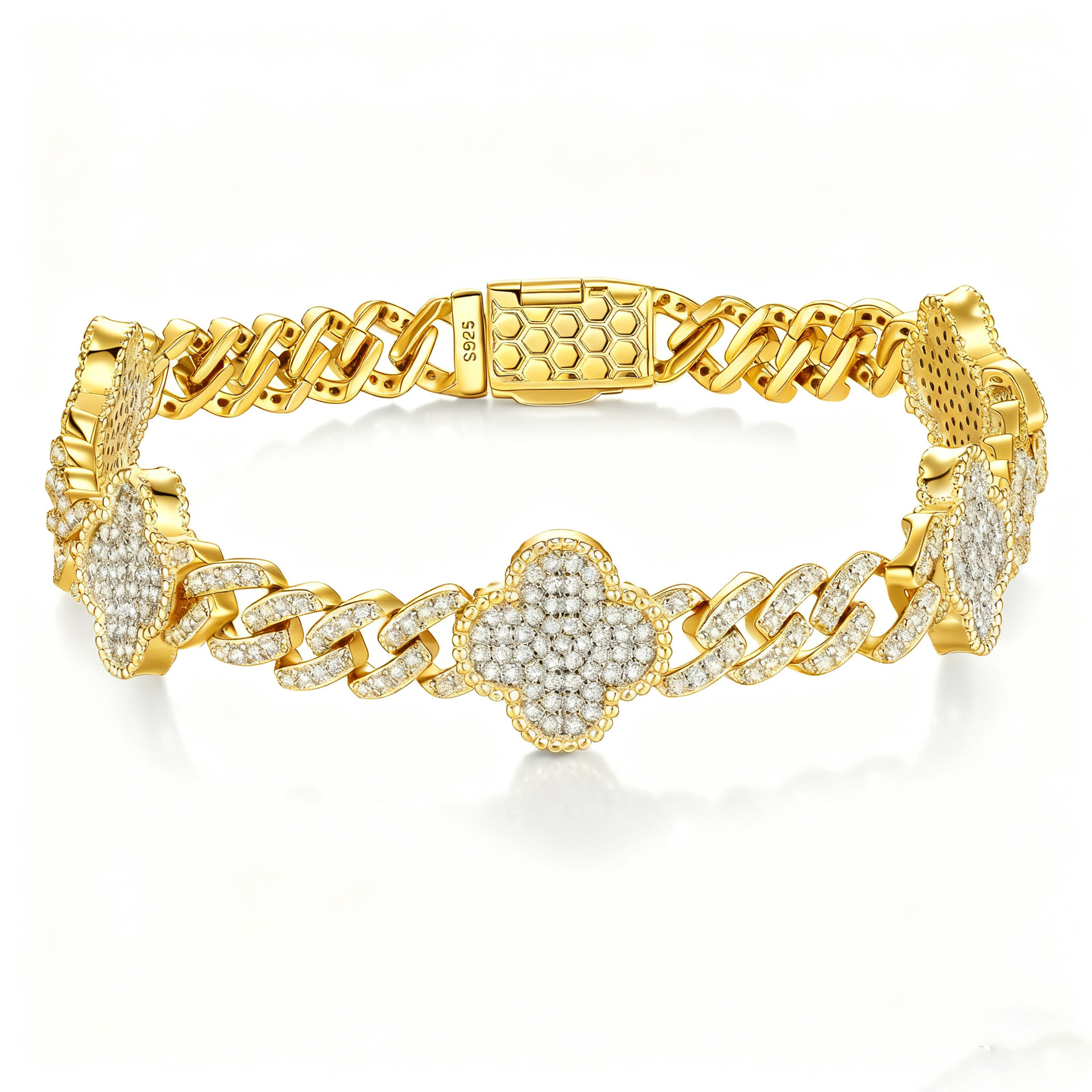 Pave Clover Cuban Link Moissanite Bracelet | 925 Silver Iced Curb Chain - alternate view