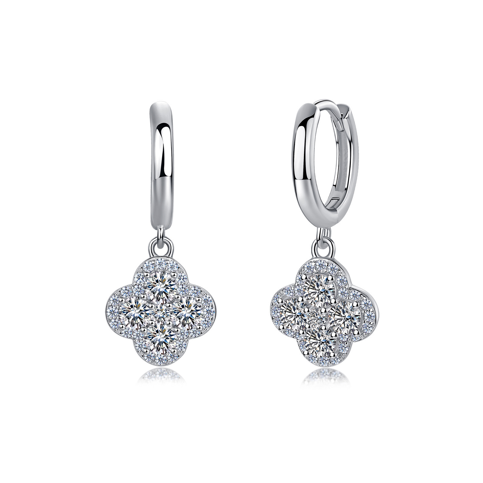 Moissanite Four-Leaf Clover Halo Drop Earrings | D-E-F VVS | 925 Silver Huggie