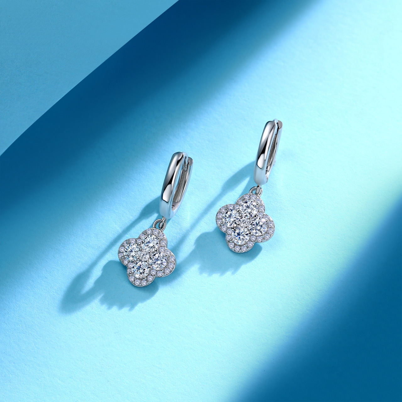 Moissanite Four-Leaf Clover Halo Drop Earrings | D-E-F VVS | 925 Silver Huggie - Image 3