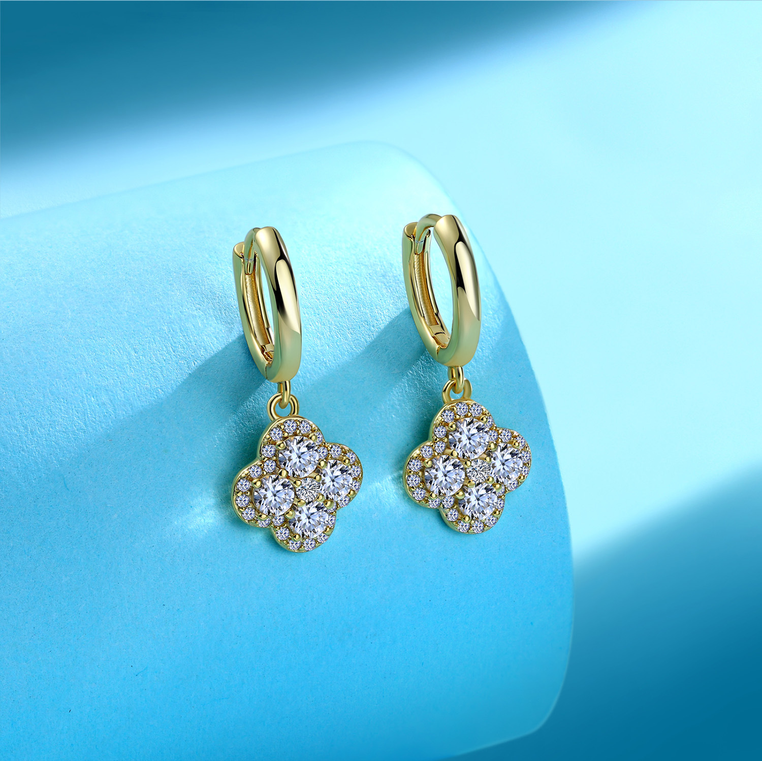 Moissanite Four-Leaf Clover Halo Drop Earrings | D-E-F VVS | 925 Silver Huggie - Image 4