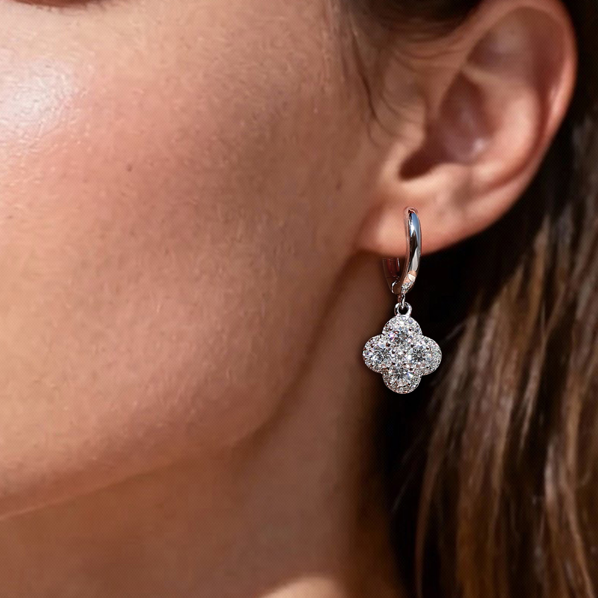 Moissanite Four-Leaf Clover Halo Drop Earrings | D-E-F VVS | 925 Silver Huggie - Image 5