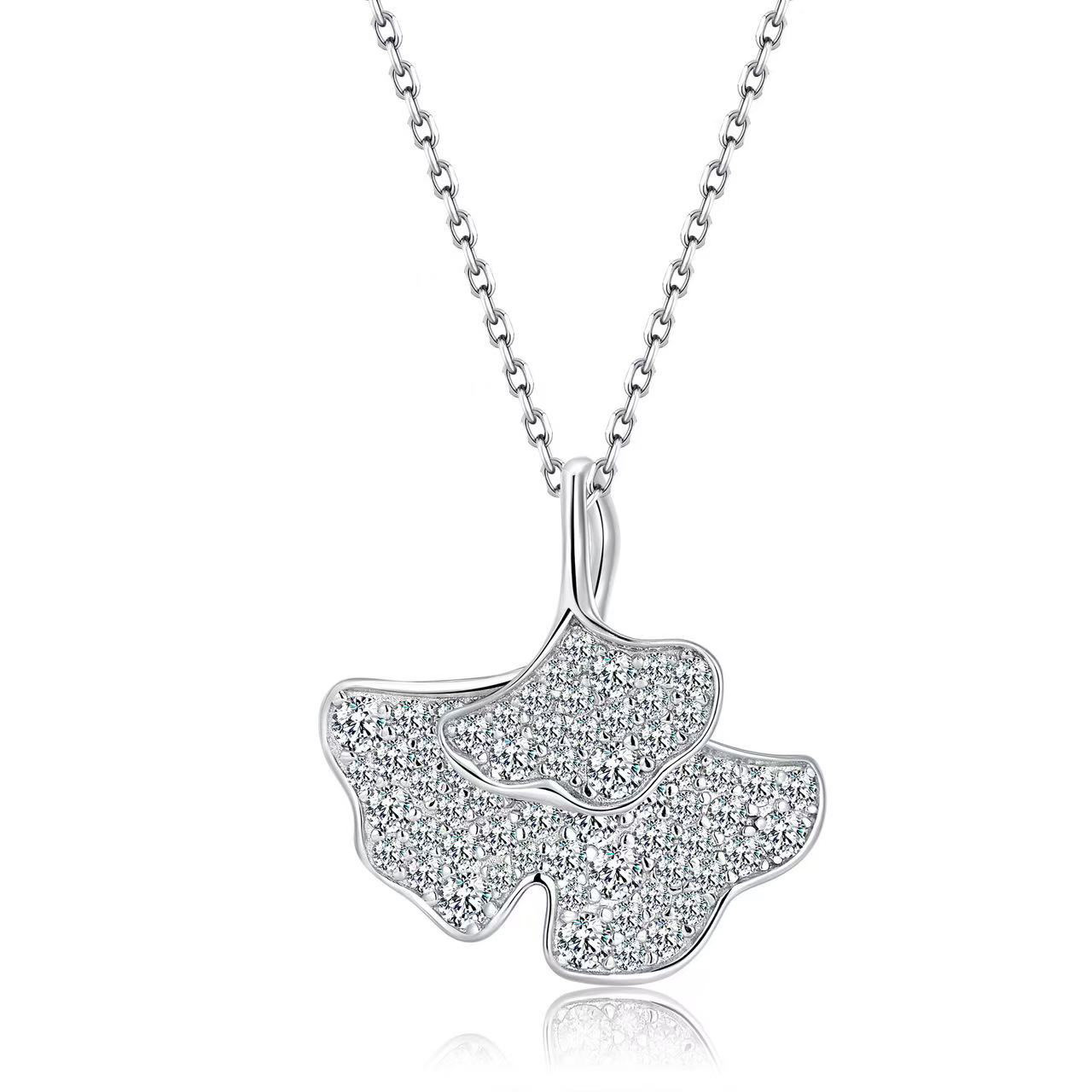 Moissanite Pave Ginkgo Leaf Pendant Necklace | Two-Leaf Nature Motif in 925 Silver