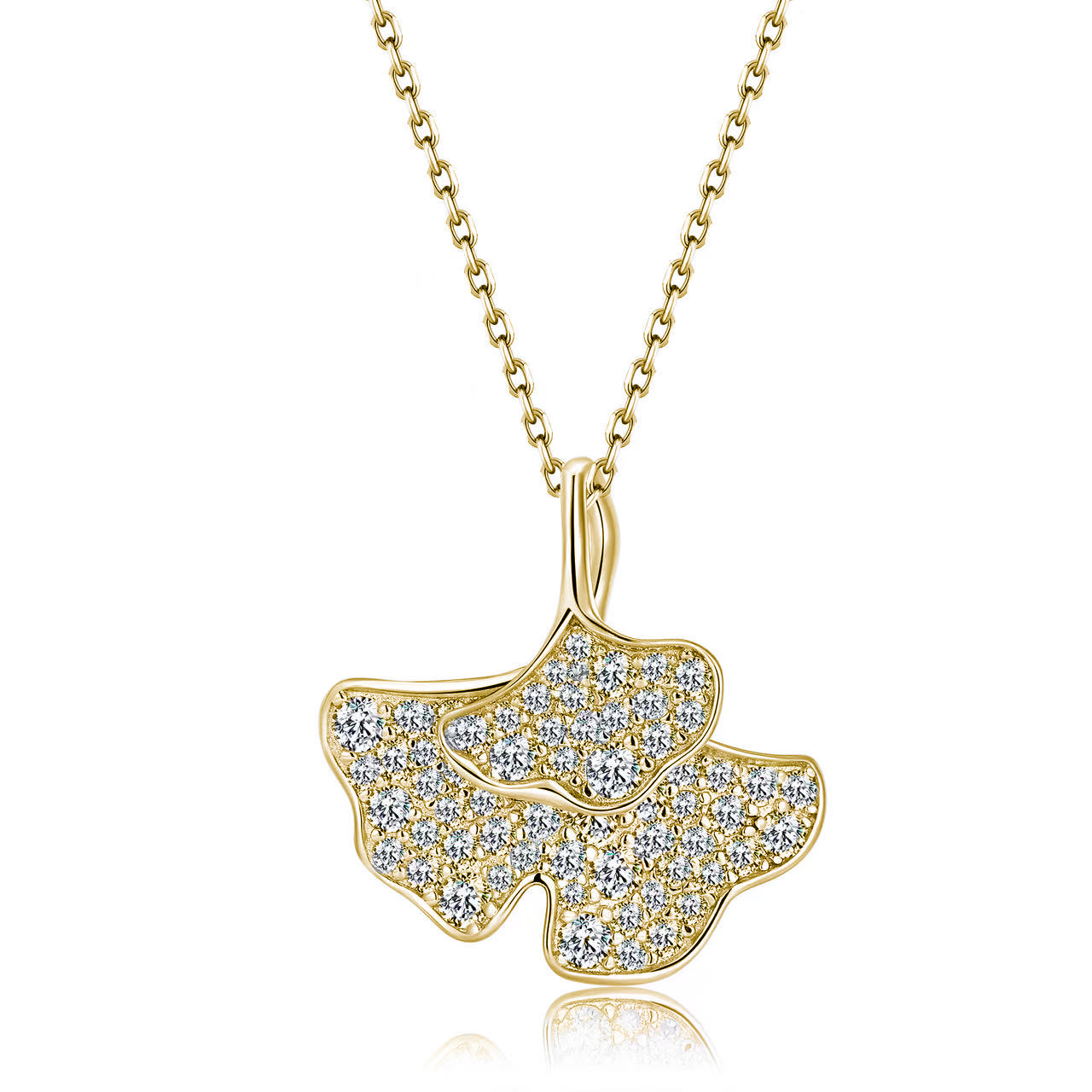 Moissanite Pave Ginkgo Leaf Pendant Necklace | Two-Leaf Nature Motif in 925 Silver - Image 2