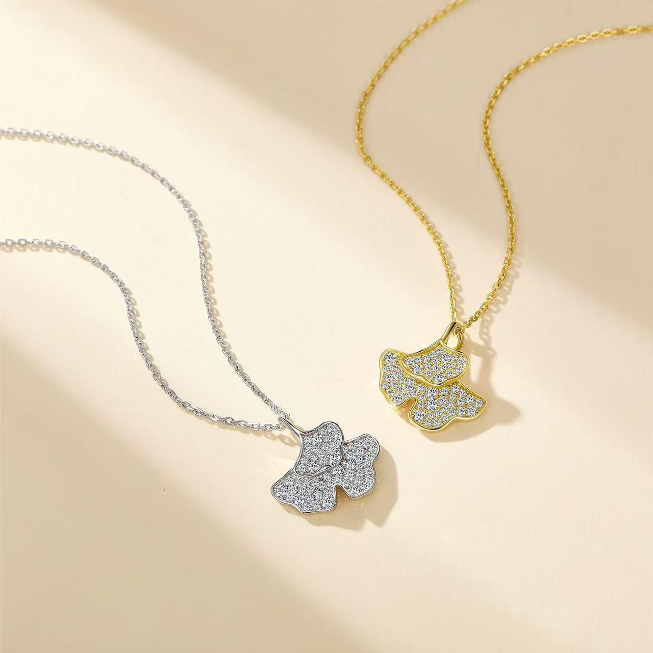 Moissanite Pave Ginkgo Leaf Pendant Necklace | Two-Leaf Nature Motif in 925 Silver - Image 3
