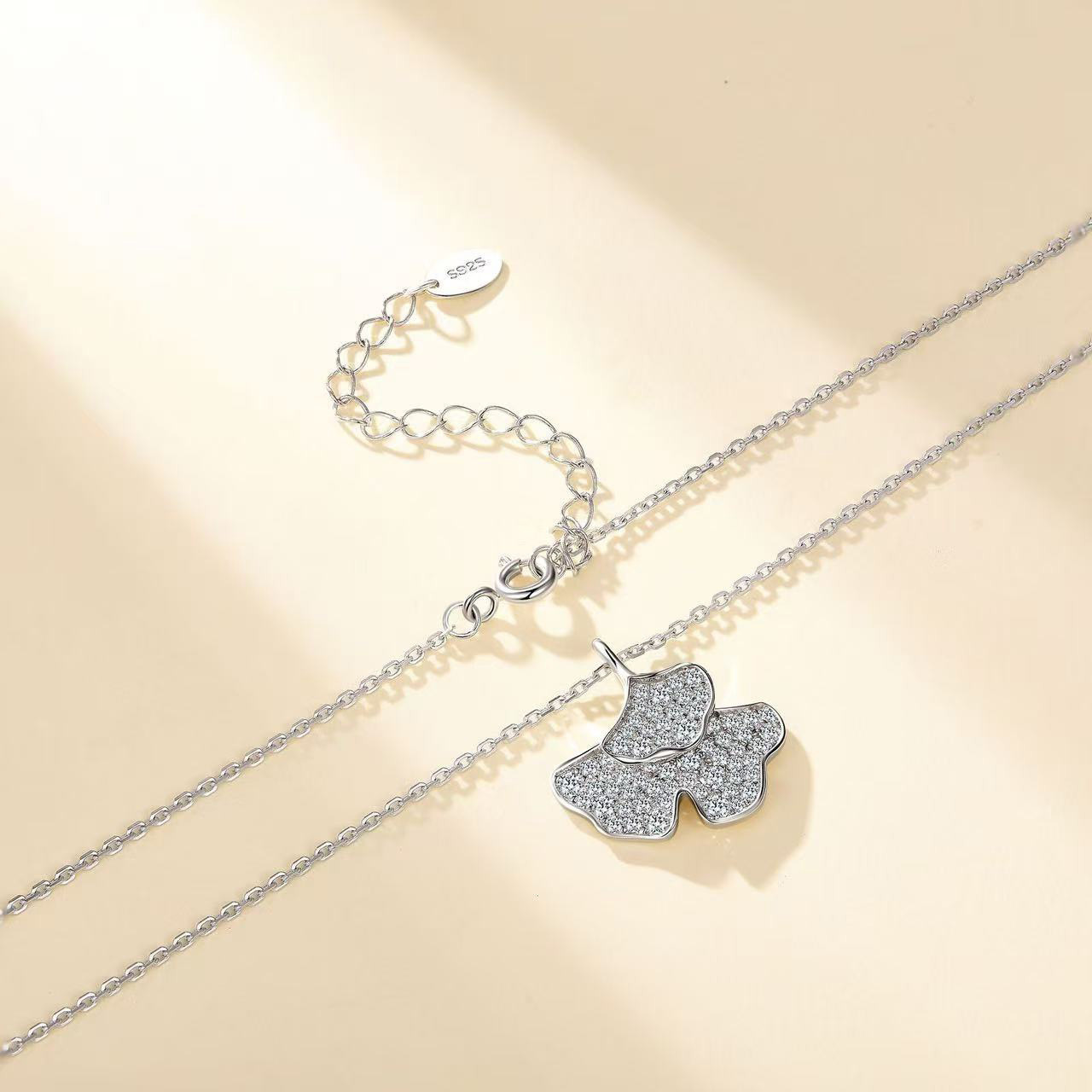 Moissanite Pave Ginkgo Leaf Pendant Necklace | Two-Leaf Nature Motif in 925 Silver - Image 4