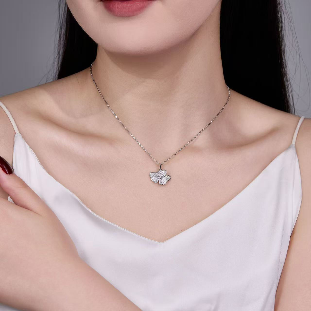 Moissanite Pave Ginkgo Leaf Pendant Necklace | Two-Leaf Nature Motif in 925 Silver - Image 5