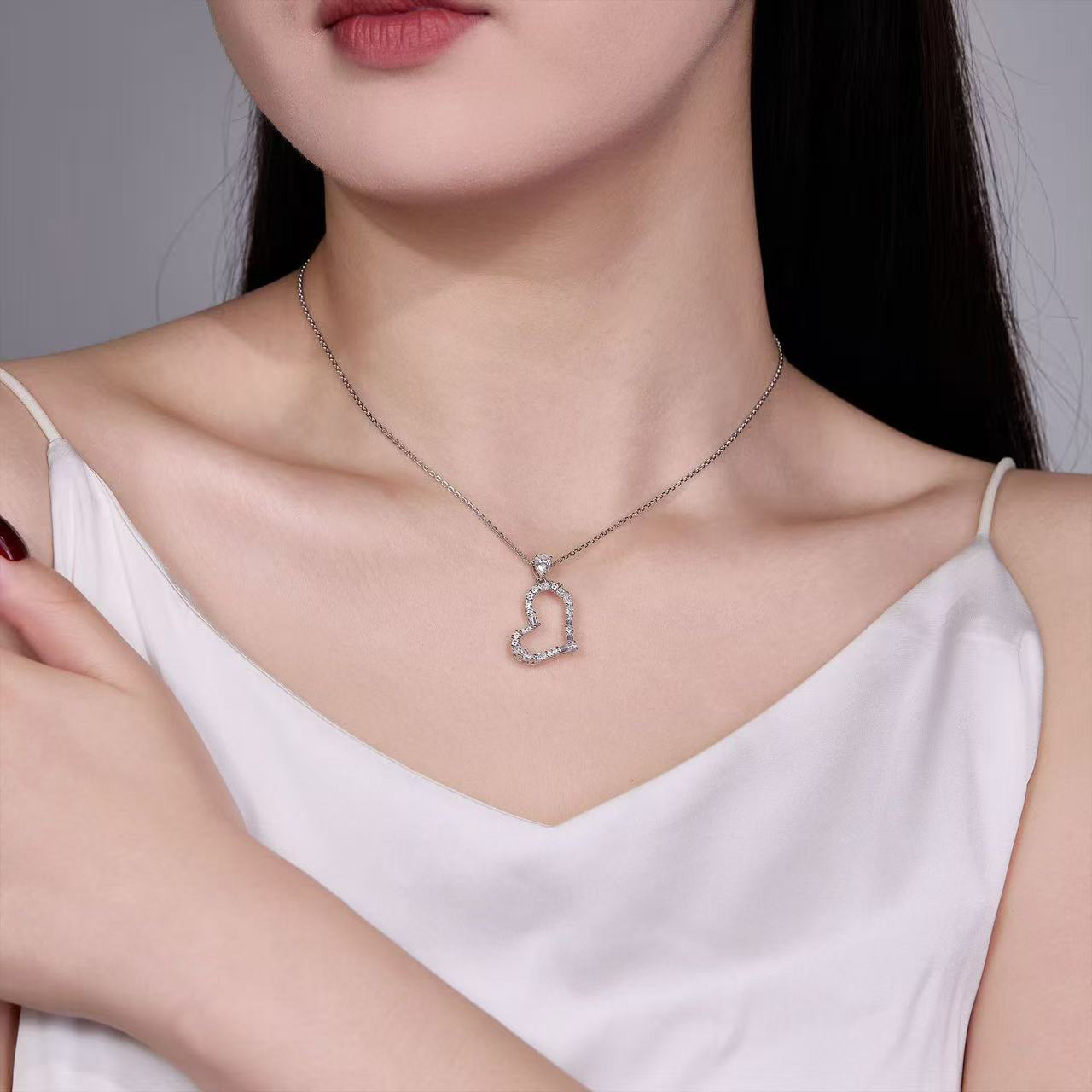 Tilted Open-Heart Moissanite Necklace | Mixed-Cut Pave Pendant, 1.5ct DEW - Image 6