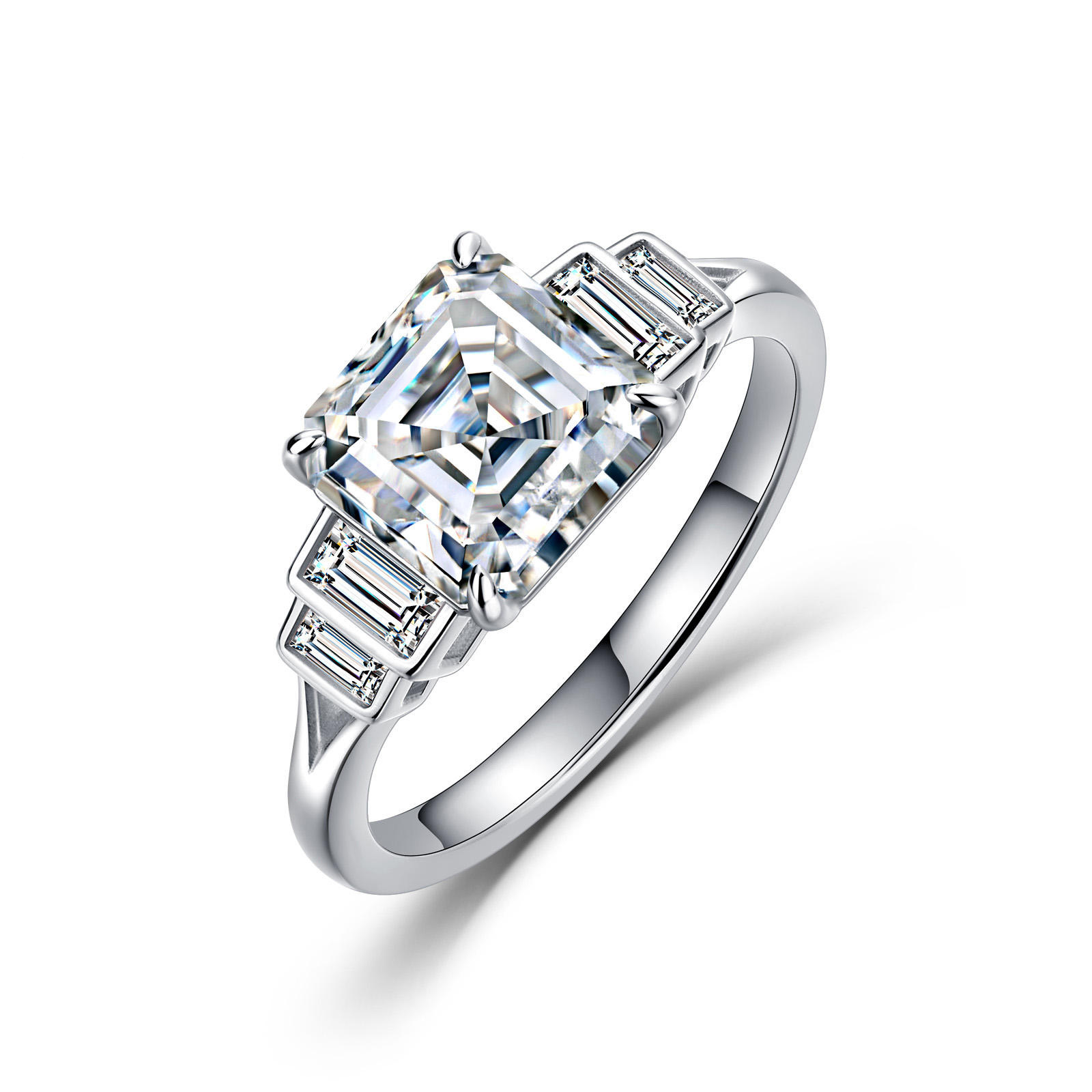Asscher-Cut Moissanite Art Deco Ring with Baguette Accents