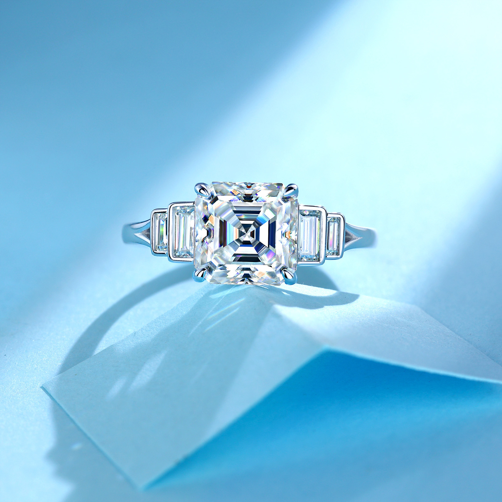 Asscher-Cut Moissanite Art Deco Ring with Baguette Accents - Image 3