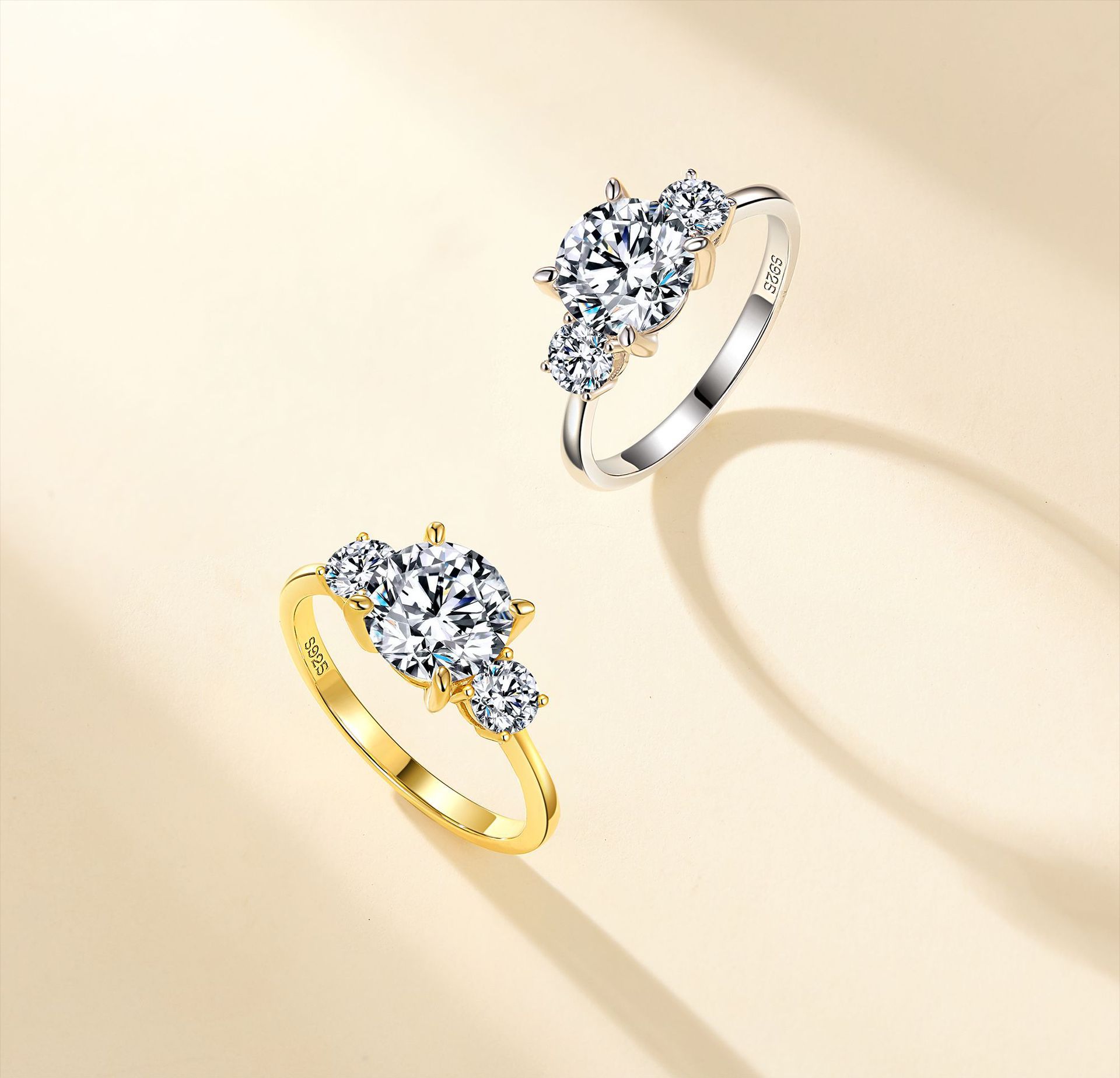 Round Three-Stone Moissanite Ring | 2ct DEW Center | 925 Silver - Image 3