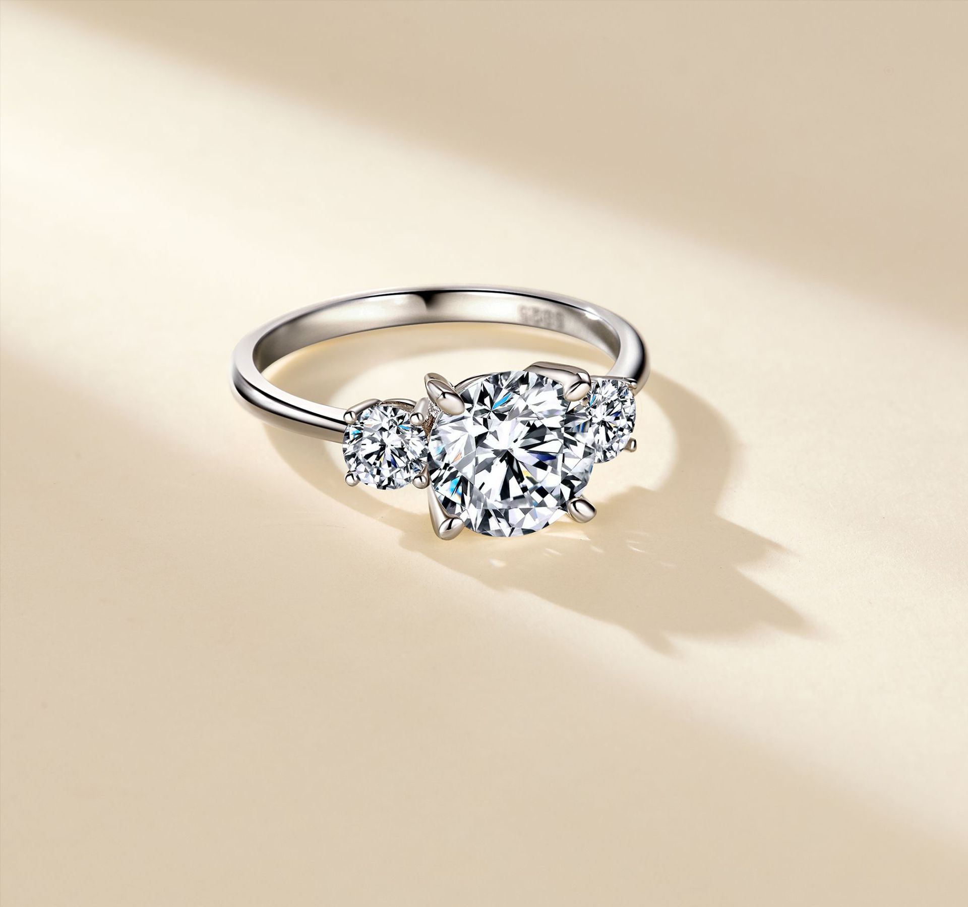Round Three-Stone Moissanite Ring | 2ct DEW Center | 925 Silver - Image 4