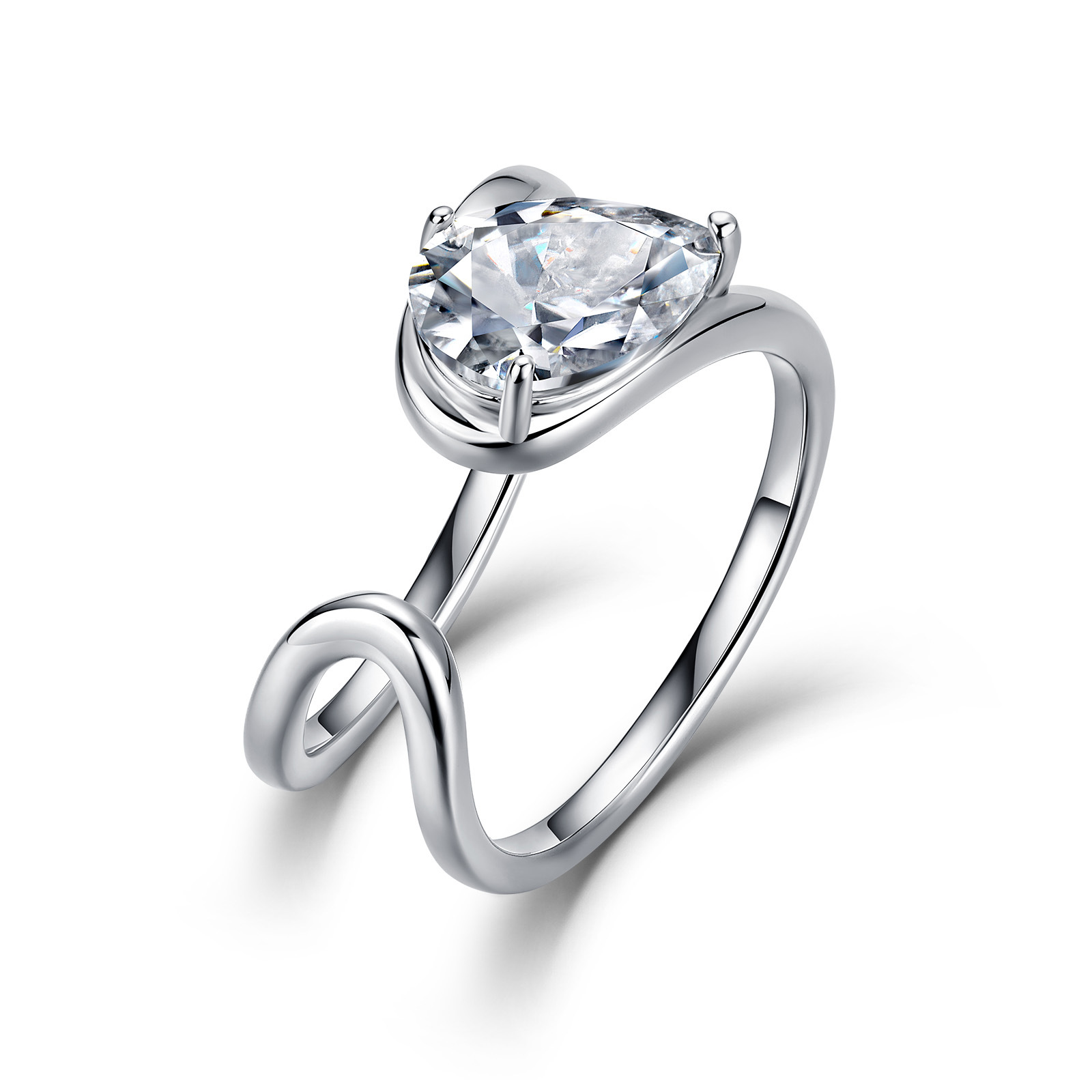 Pear-Cut Moissanite Open Swirl Ring | Sterling Silver Solitaire