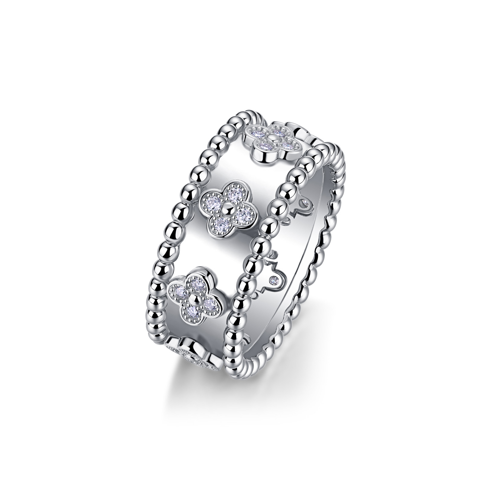 Clover-Motif Beaded Moissanite Band Ring