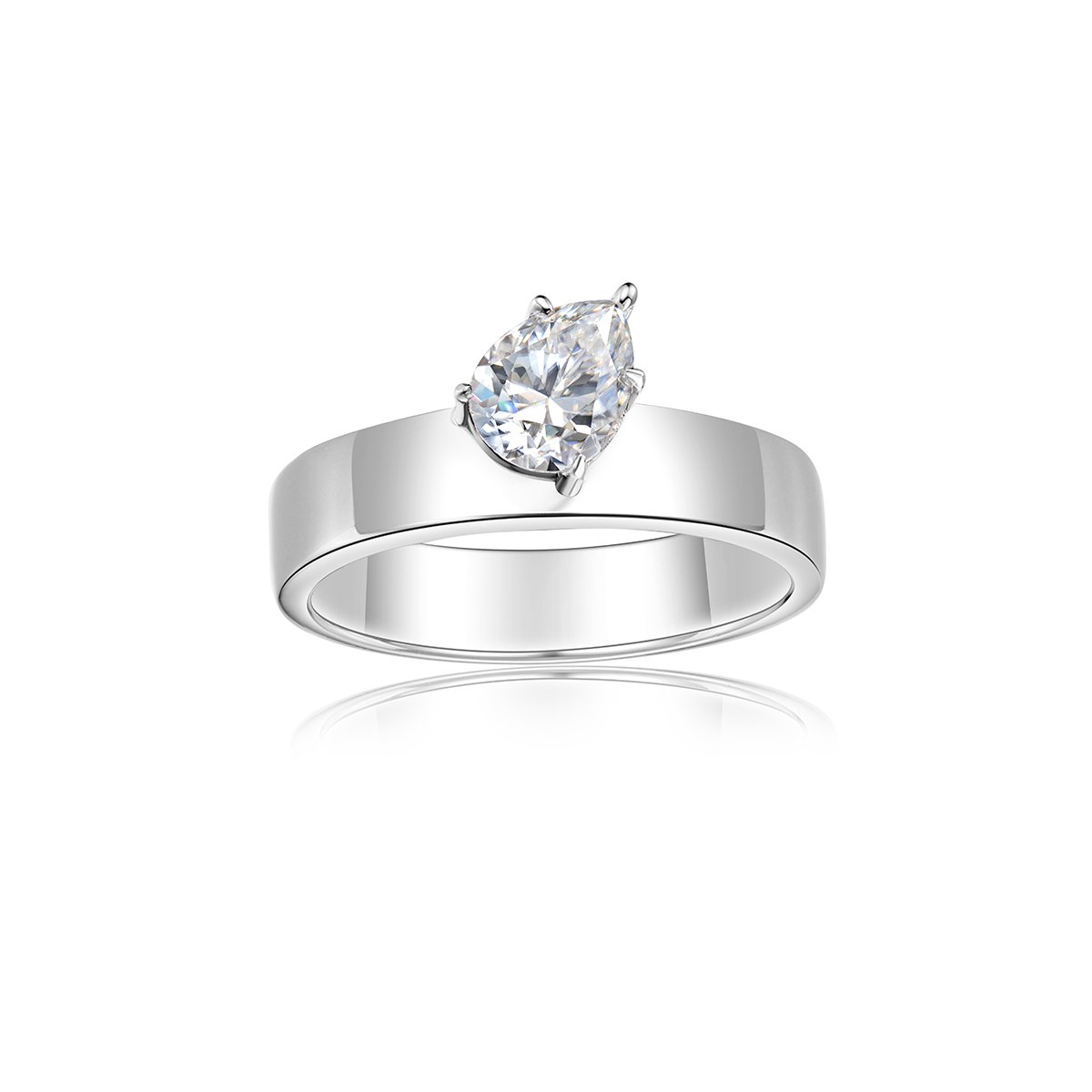 Pear-Cut Moissanite Flat-Band Solitaire Ring