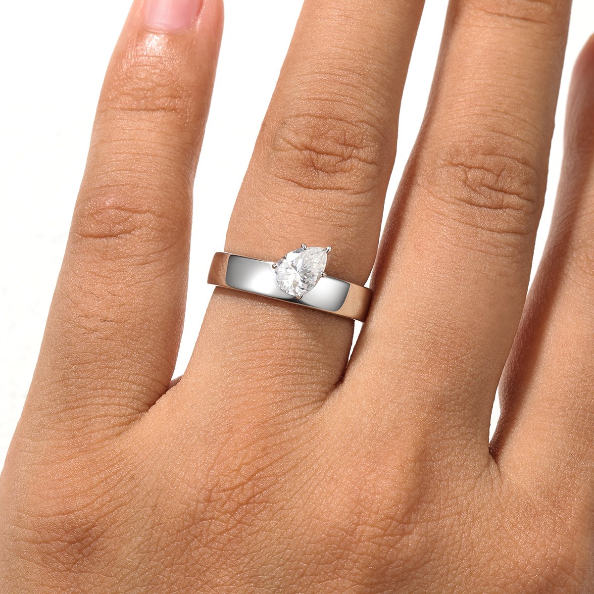 Pear-Cut Moissanite Flat-Band Solitaire Ring - Image 4