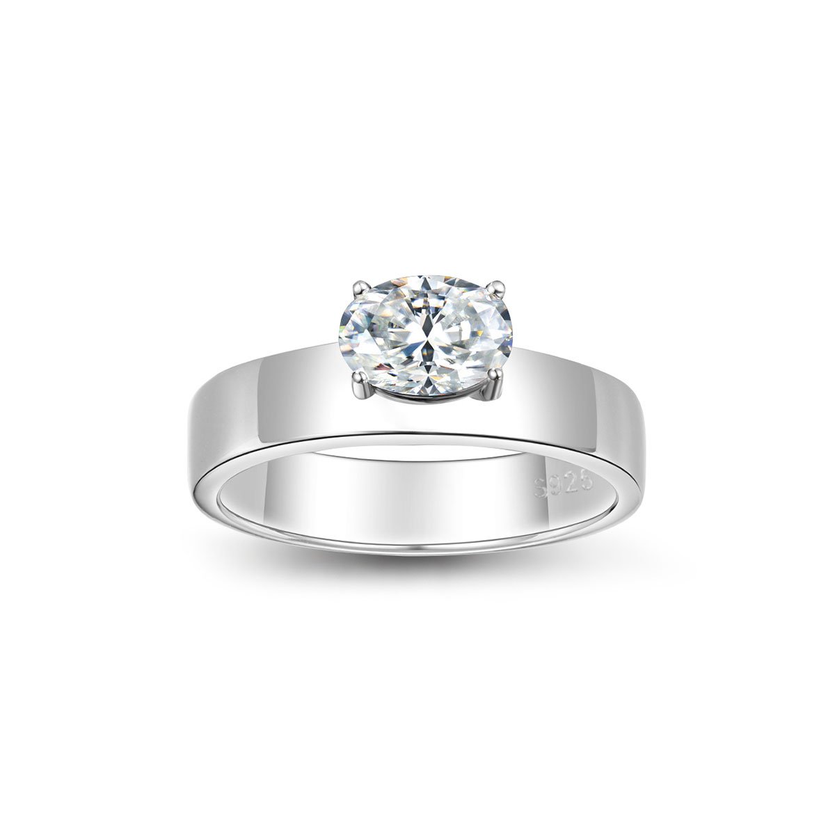 East-West Oval Moissanite Solitaire on a Polished Flat Band Ring