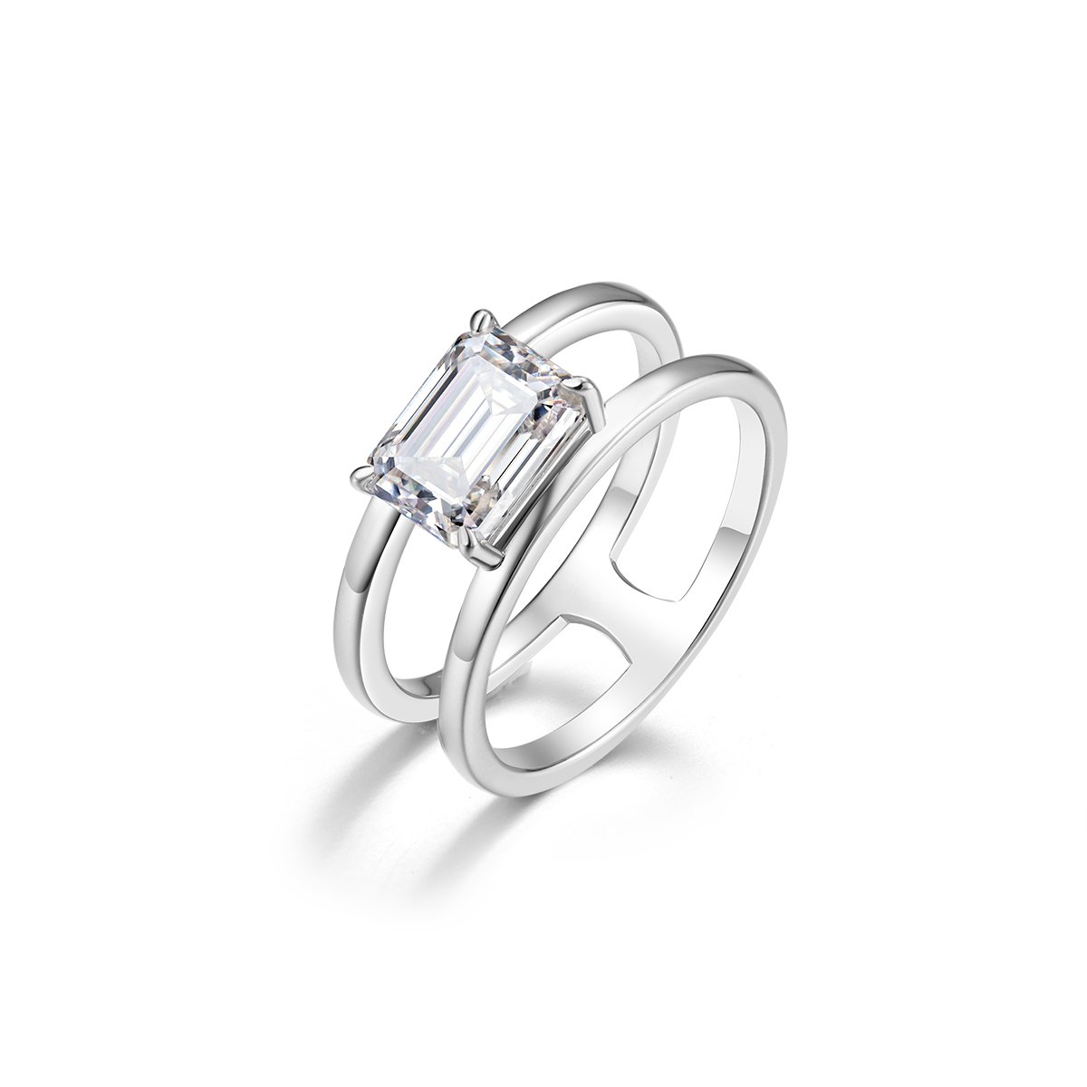 Emerald-Cut Moissanite Solitaire Ring with Double Band | 2.0ct DEW | 18K White Gold Plated Silver