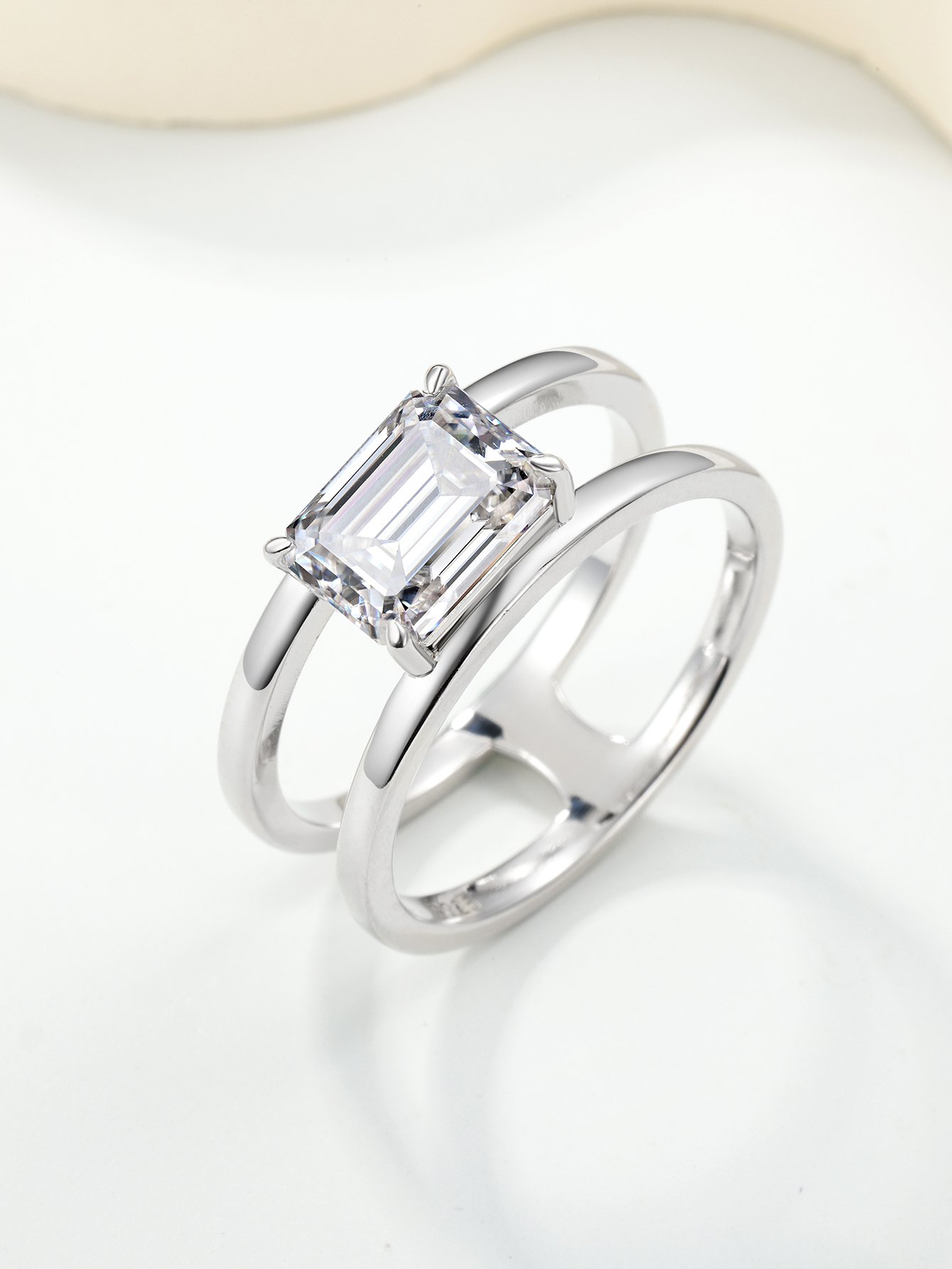 Emerald-Cut Moissanite Solitaire Ring with Double Band | 2.0ct DEW | 18K White Gold Plated Silver - Image 2