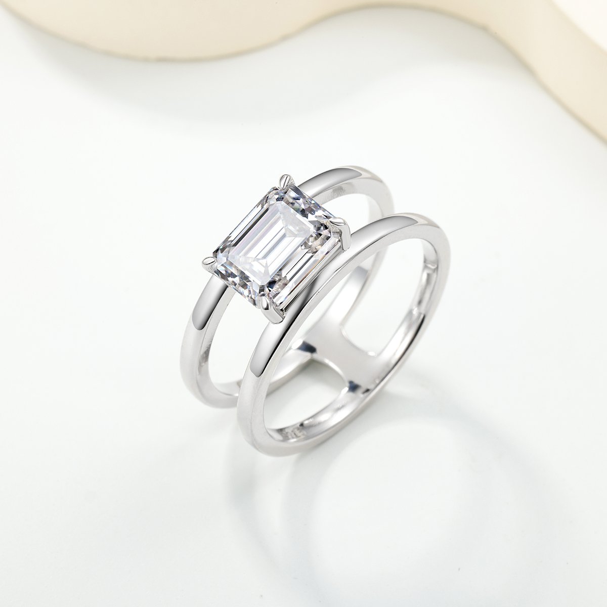 Emerald-Cut Moissanite Solitaire Ring with Double Band | 2.0ct DEW | 18K White Gold Plated Silver - Image 3
