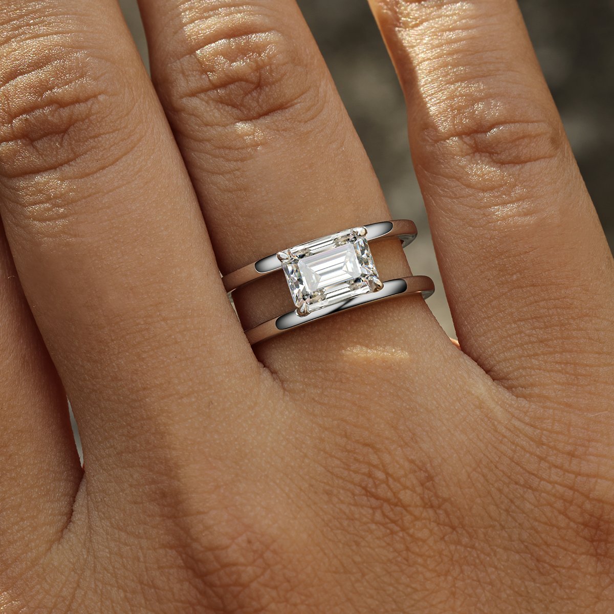 Emerald-Cut Moissanite Solitaire Ring with Double Band | 2.0ct DEW | 18K White Gold Plated Silver - Image 4