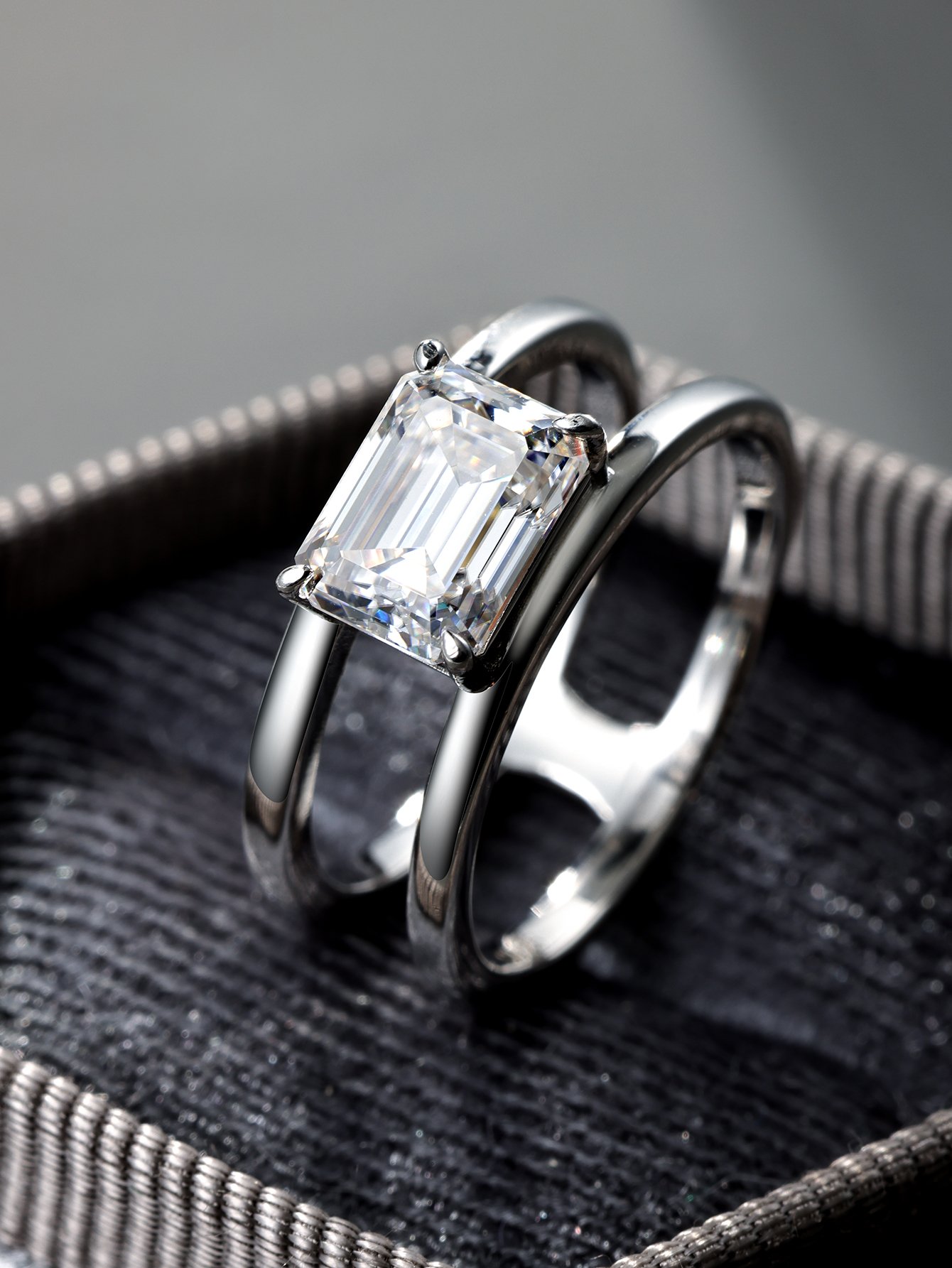 Emerald-Cut Moissanite Solitaire Ring with Double Band | 2.0ct DEW | 18K White Gold Plated Silver - Image 5