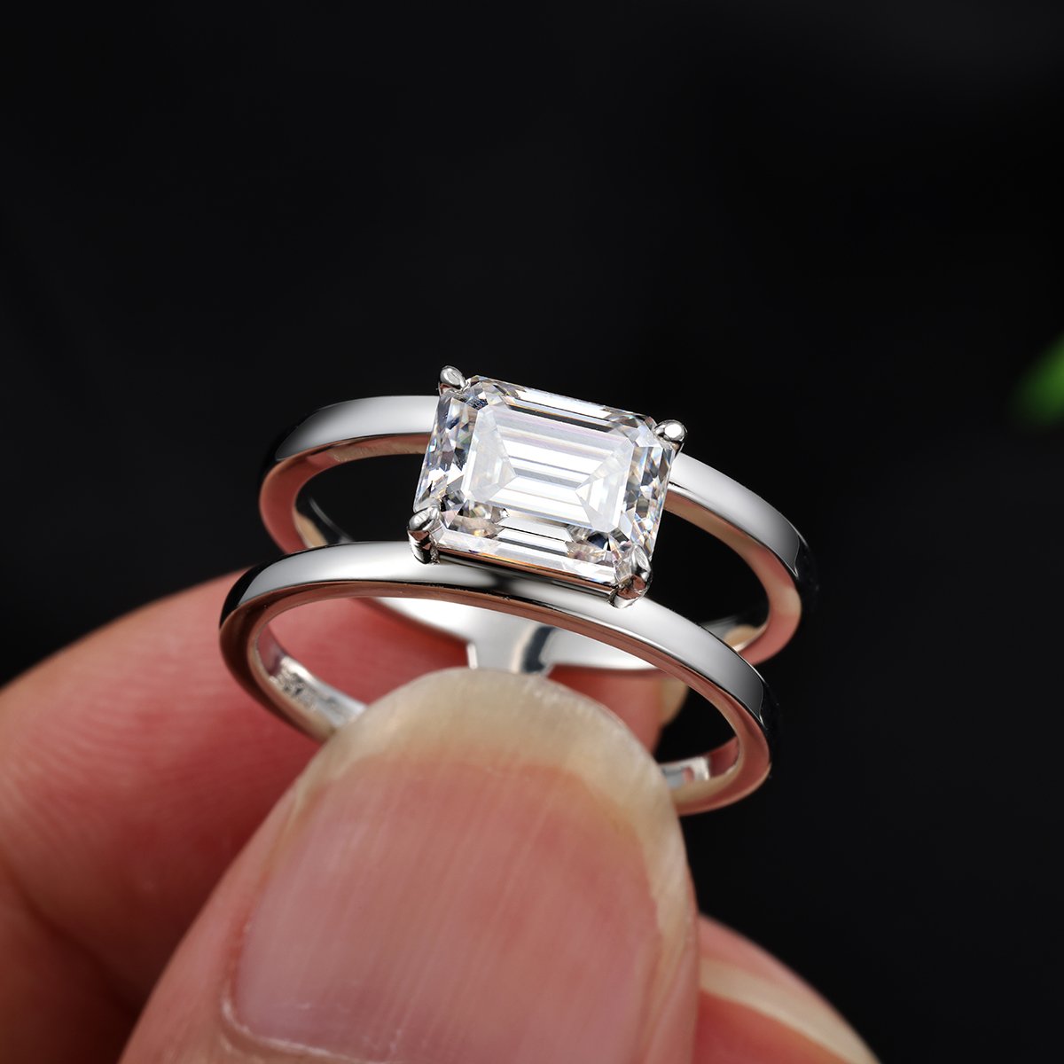 Emerald-Cut Moissanite Solitaire Ring with Double Band | 2.0ct DEW | 18K White Gold Plated Silver - Image 6