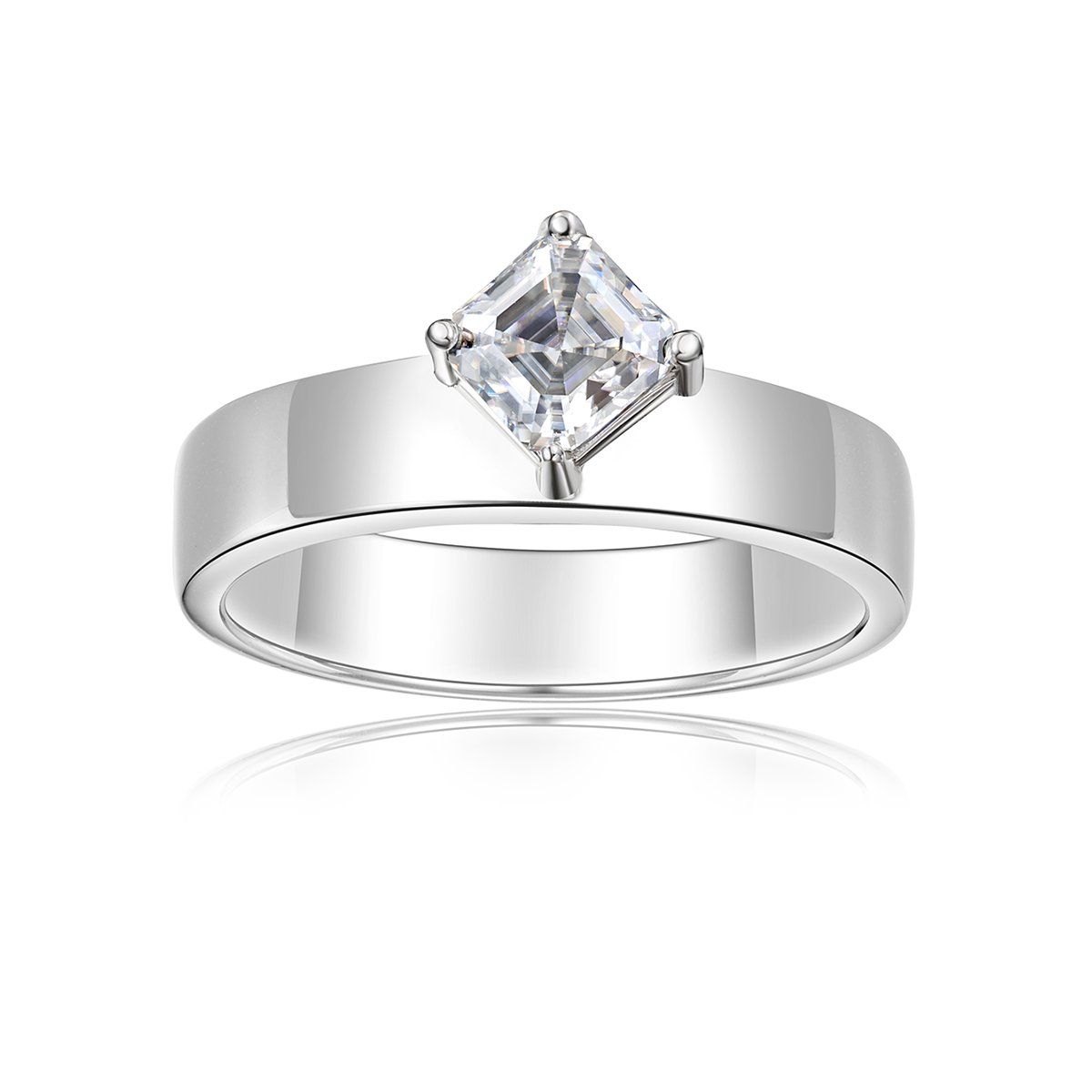 Asscher-Cut Moissanite Solitaire Ring | 0.8ct DEW 5mm | Wide Flat Band