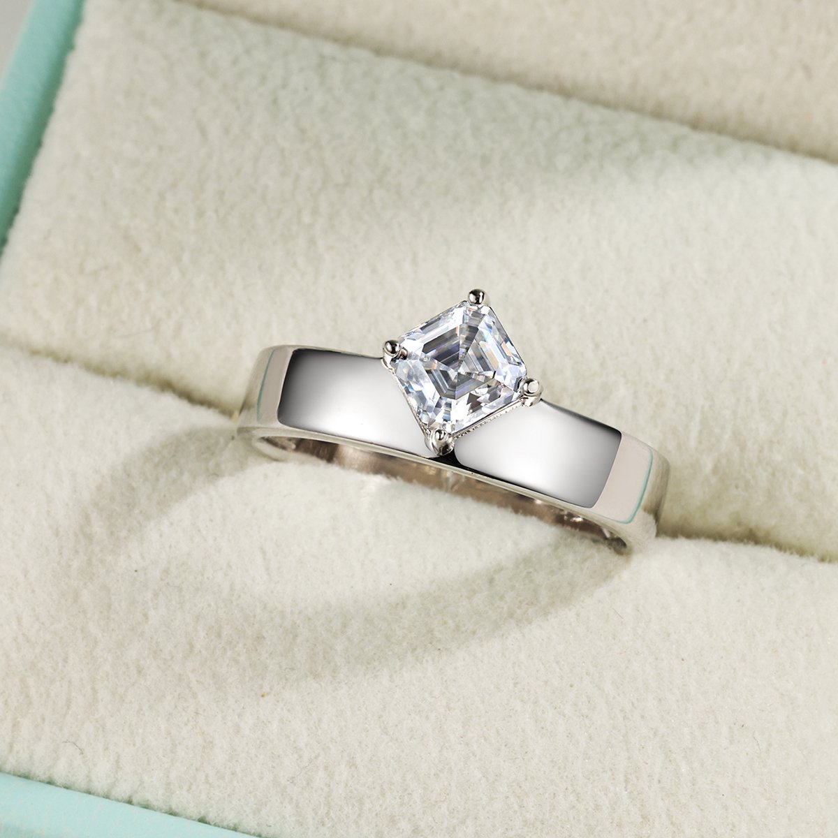Asscher-Cut Moissanite Solitaire Ring | 0.8ct DEW 5mm | Wide Flat Band - Image 3