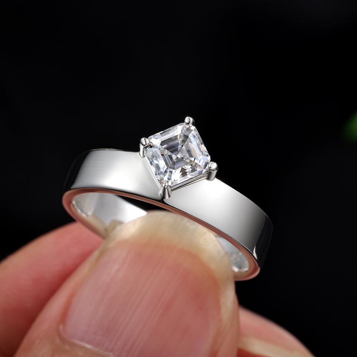 Asscher-Cut Moissanite Solitaire Ring | 0.8ct DEW 5mm | Wide Flat Band - Image 4