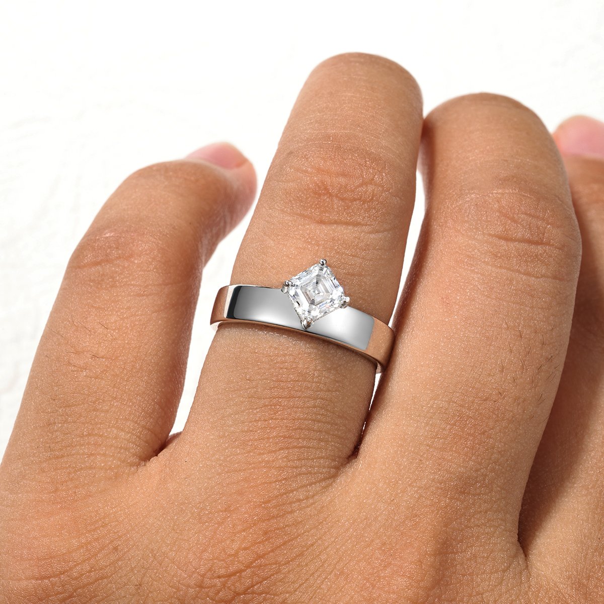 Asscher-Cut Moissanite Solitaire Ring | 0.8ct DEW 5mm | Wide Flat Band - Image 5