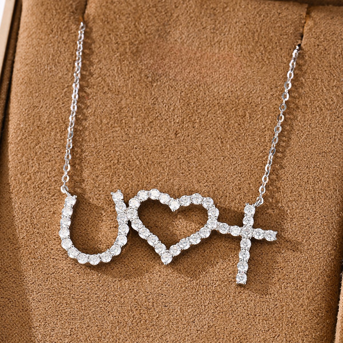 Faith Hope Love Moissanite Message Necklace | Horseshoe, Heart & Cross Pendant - Image 4