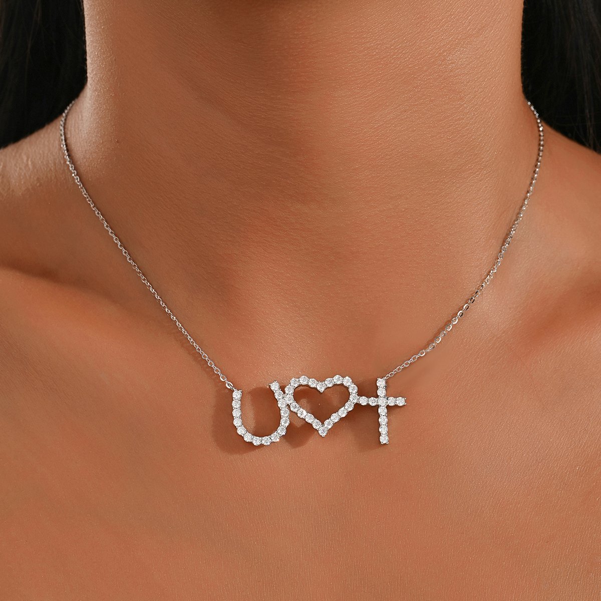 Faith Hope Love Moissanite Message Necklace | Horseshoe, Heart & Cross Pendant - Image 5