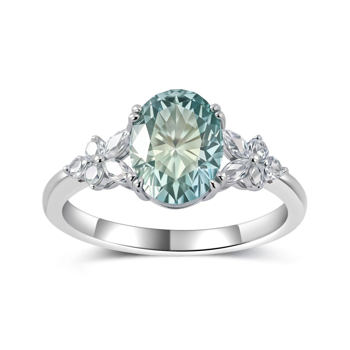 Oval Green Moissanite Floral-Cluster Ring | 2ct DEW | 925 Sterling Silver