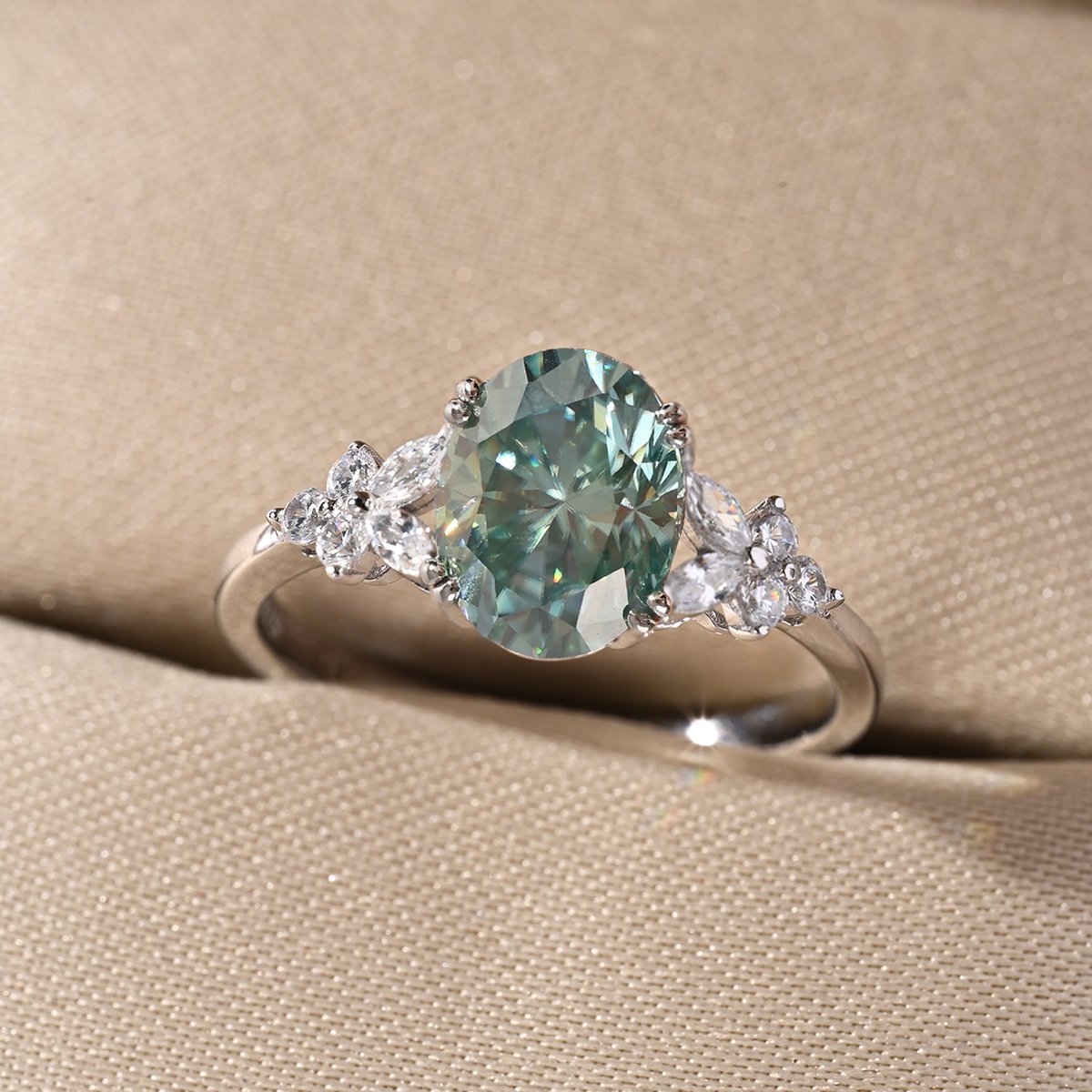 Oval Green Moissanite Floral-Cluster Ring | 2ct DEW | 925 Sterling Silver - Image 2