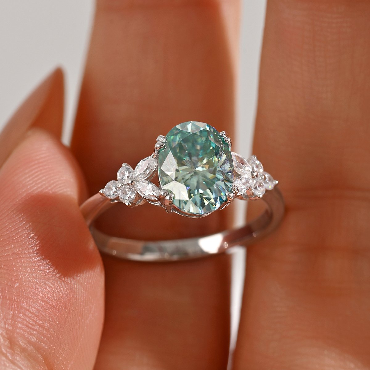 Oval Green Moissanite Floral-Cluster Ring | 2ct DEW | 925 Sterling Silver - Image 3